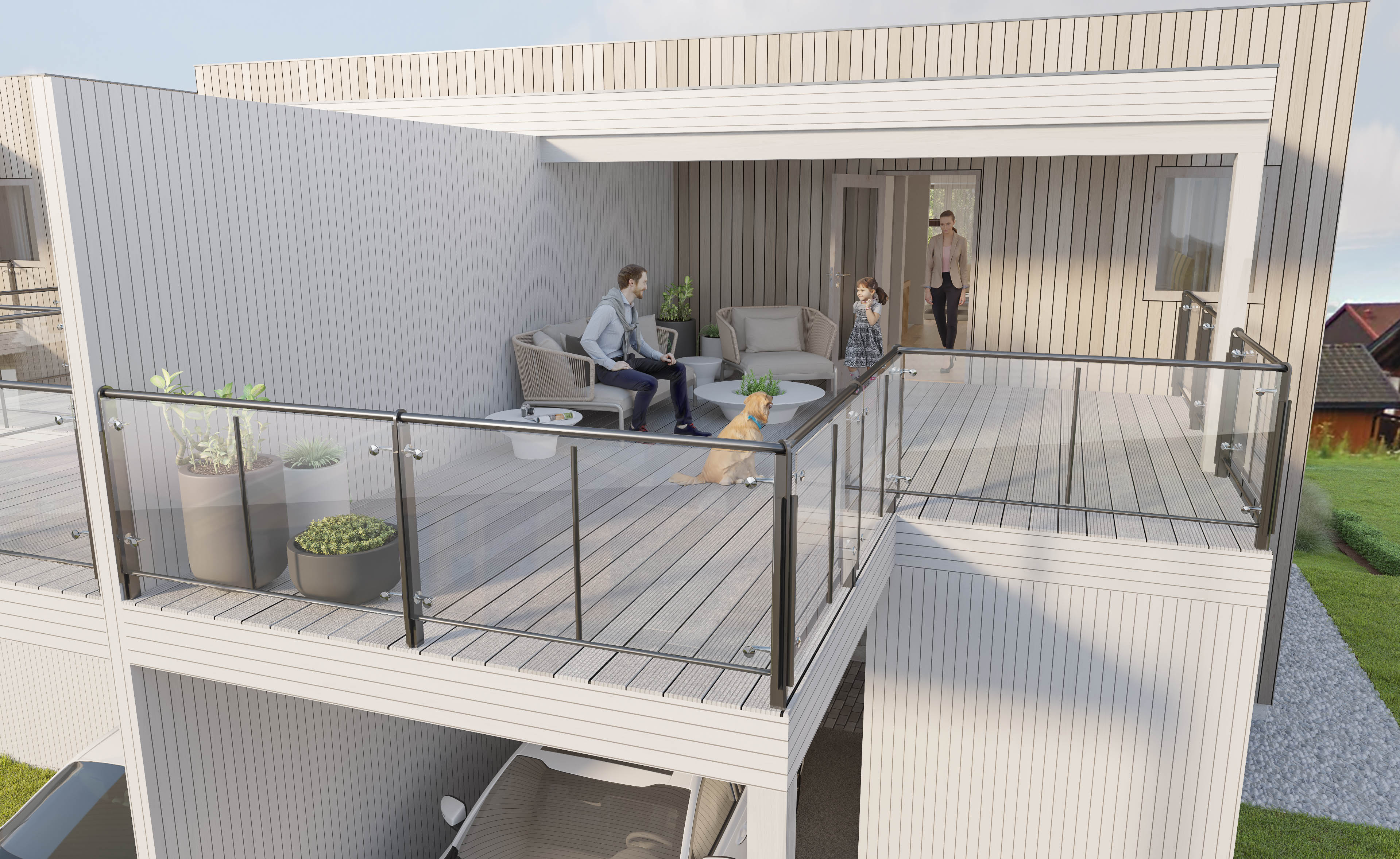 en 3d-gjengivelse av et hus med balkong.