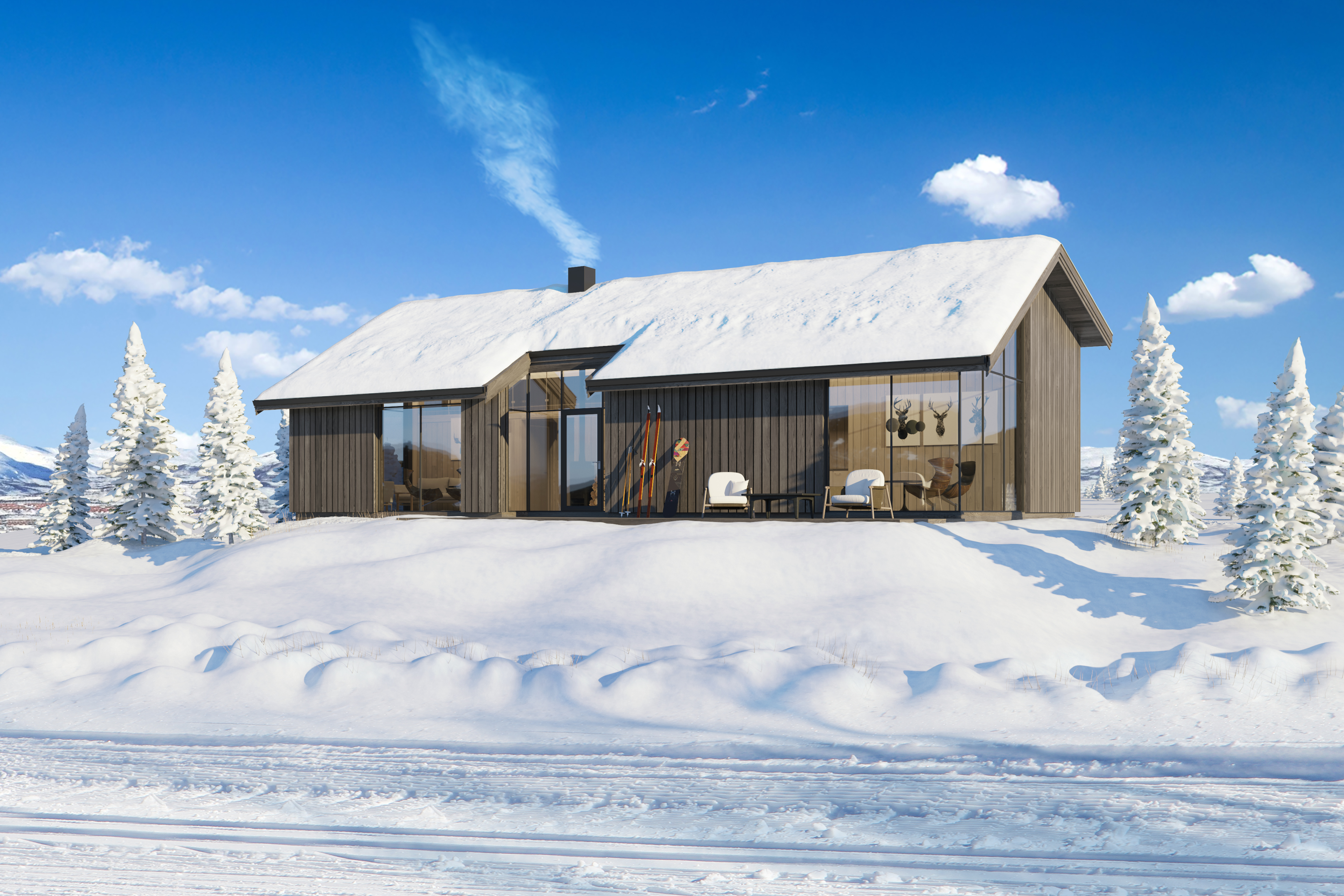 3D-gjengivelse av en hytte i snøen.