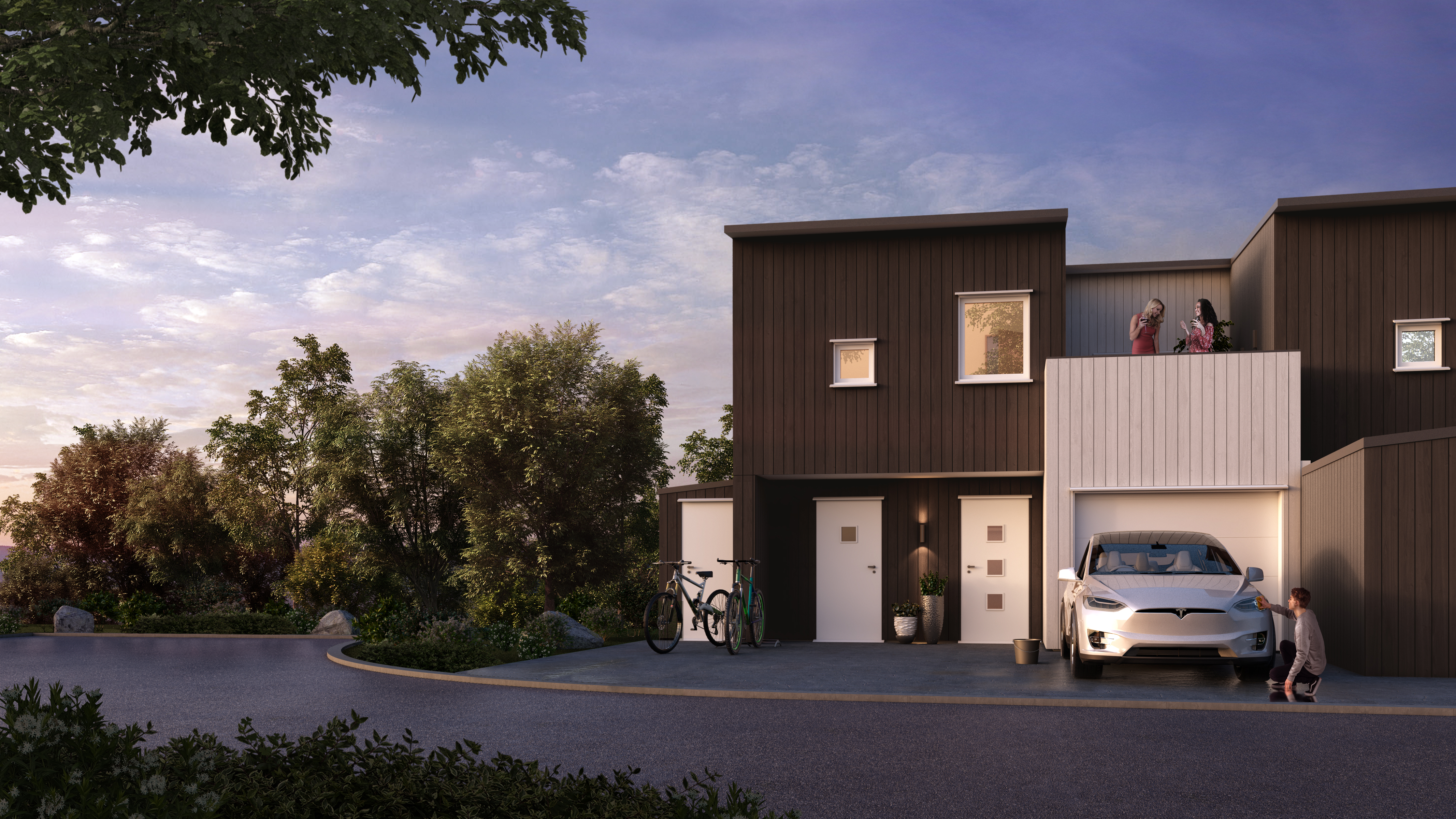 en gjengivelse av et hus med en bil parkert foran.