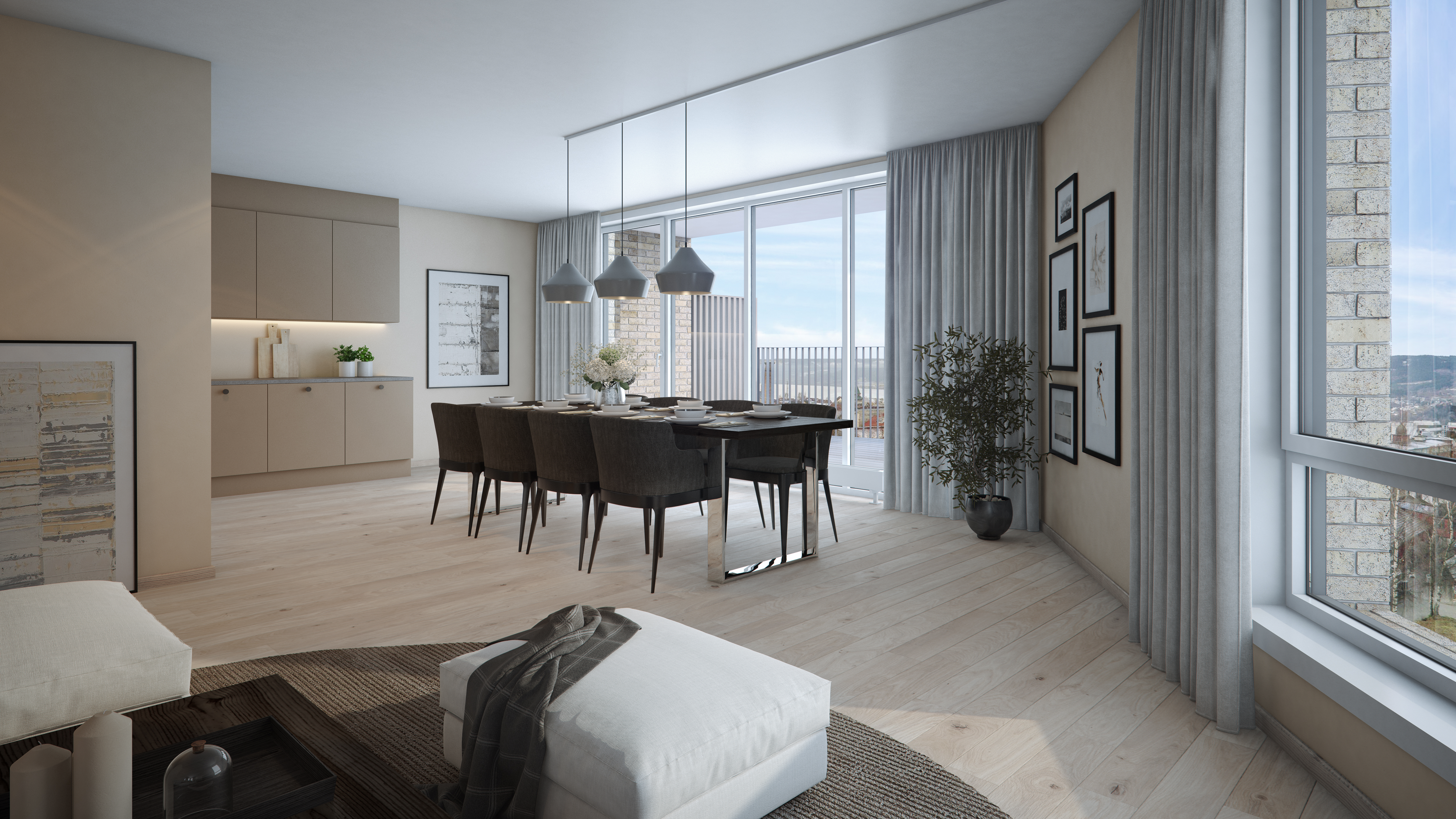 en 3d-gjengivelse av en spisestue i en moderne leilighet.