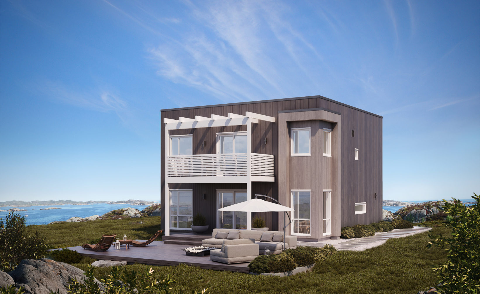 en 3d-gjengivelse av et hus på en høyde med utsikt over havet.