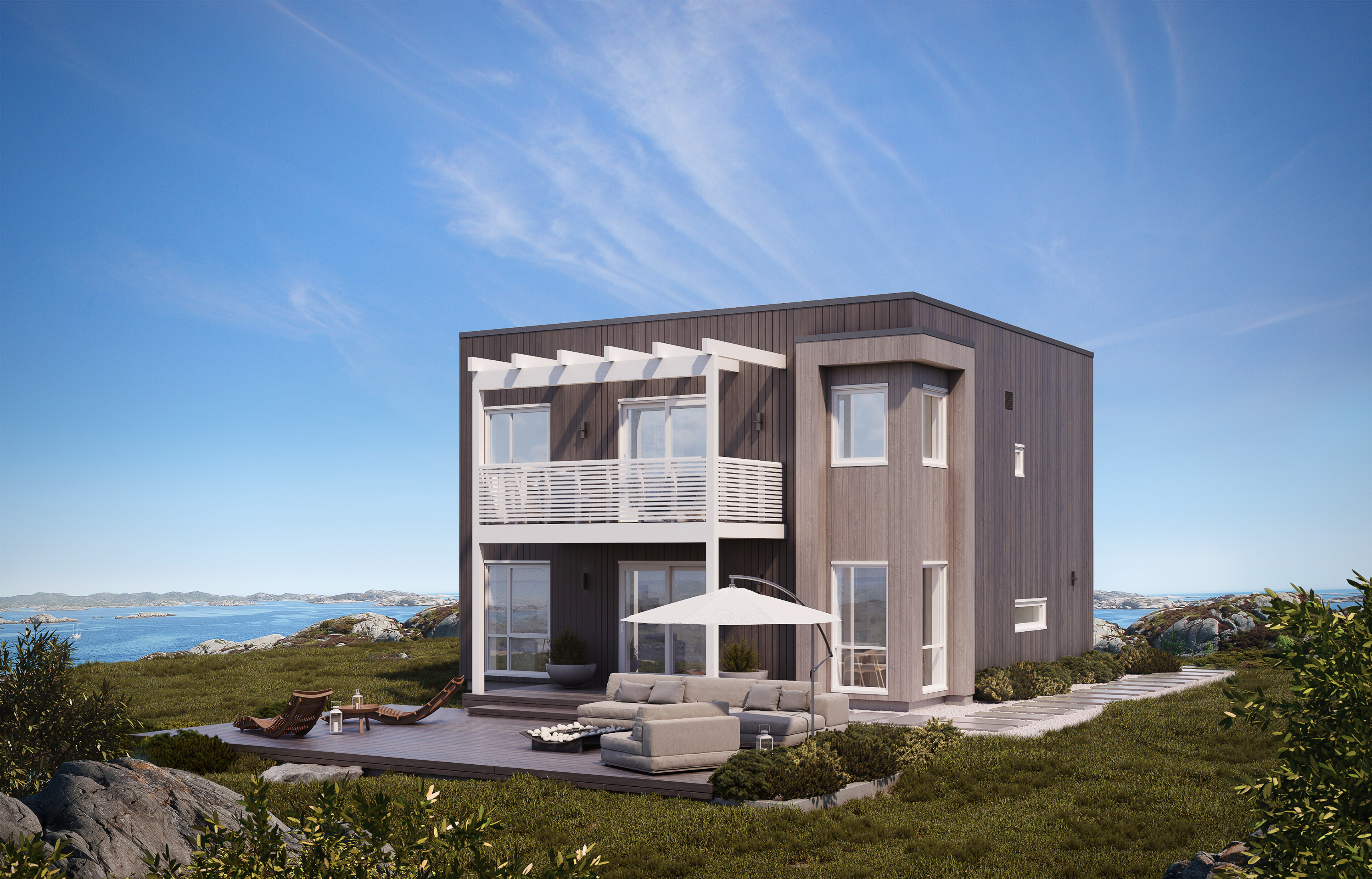 en 3d-gjengivelse av et hus på en høyde med utsikt over havet.