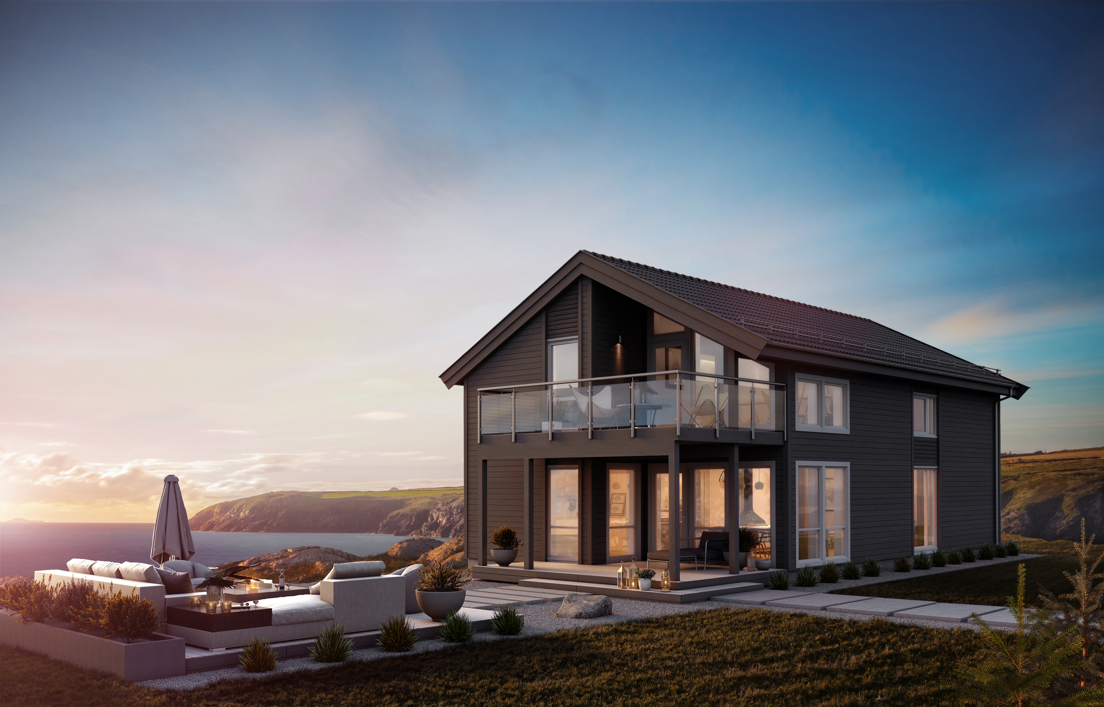 en 3d-gjengivelse av et hus på en høyde med utsikt over havet.