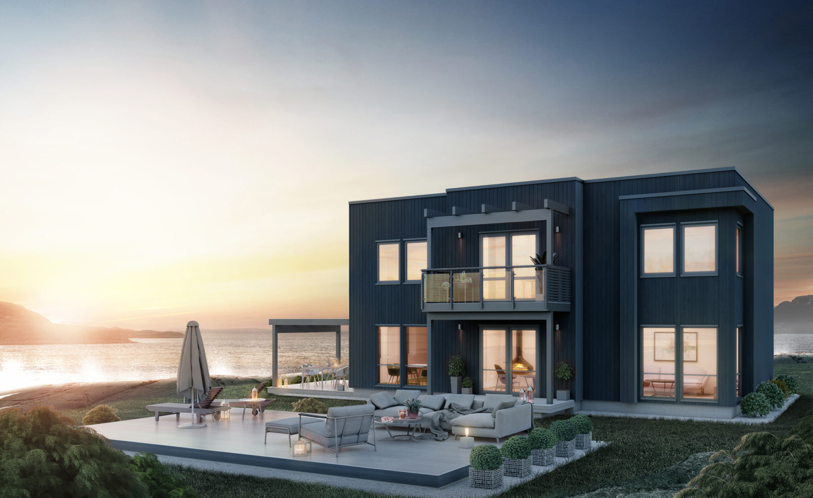 3D-gjengivelse av et moderne hus på stranden.