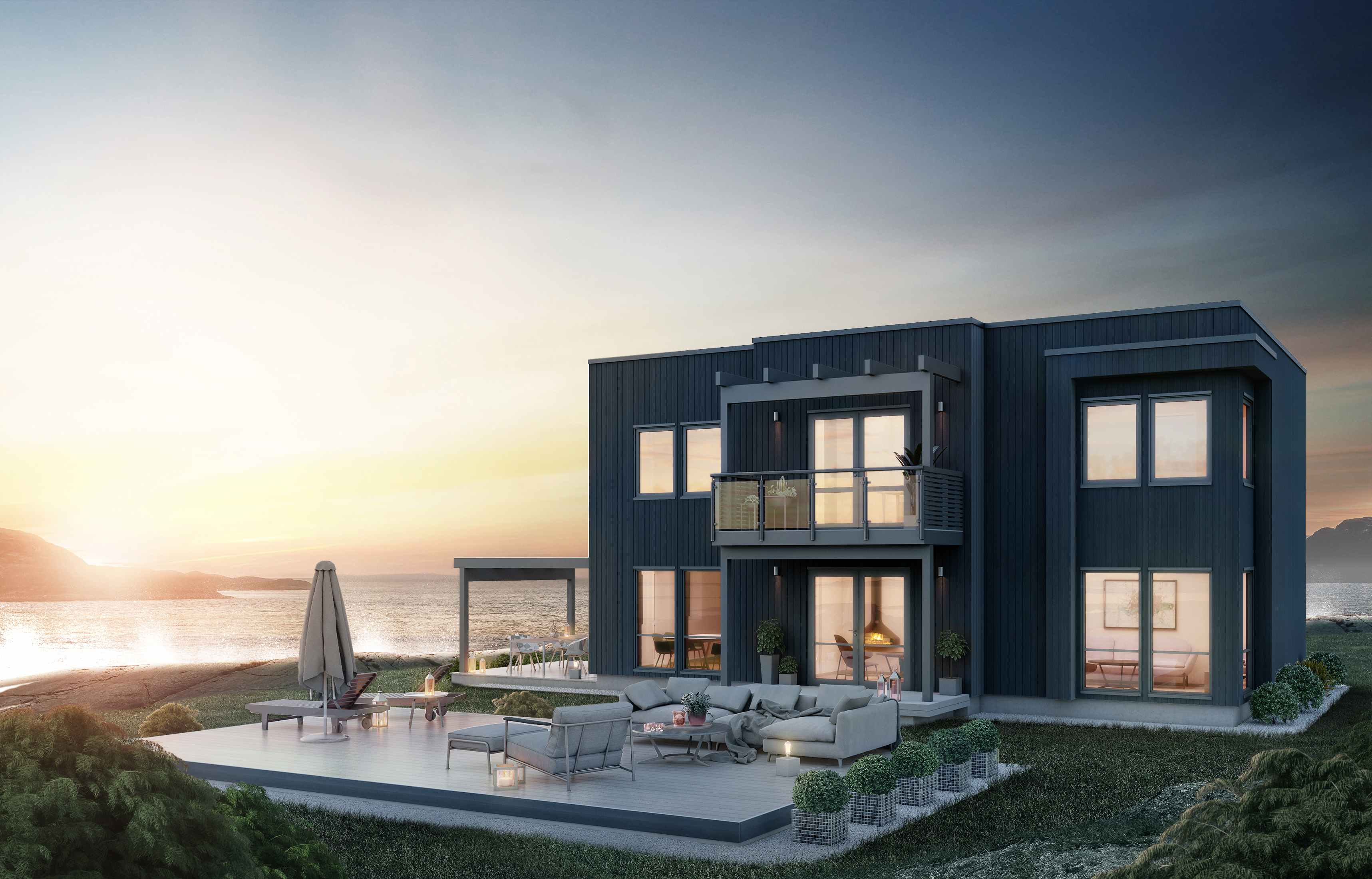 3D-gjengivelse av et moderne hus på stranden.