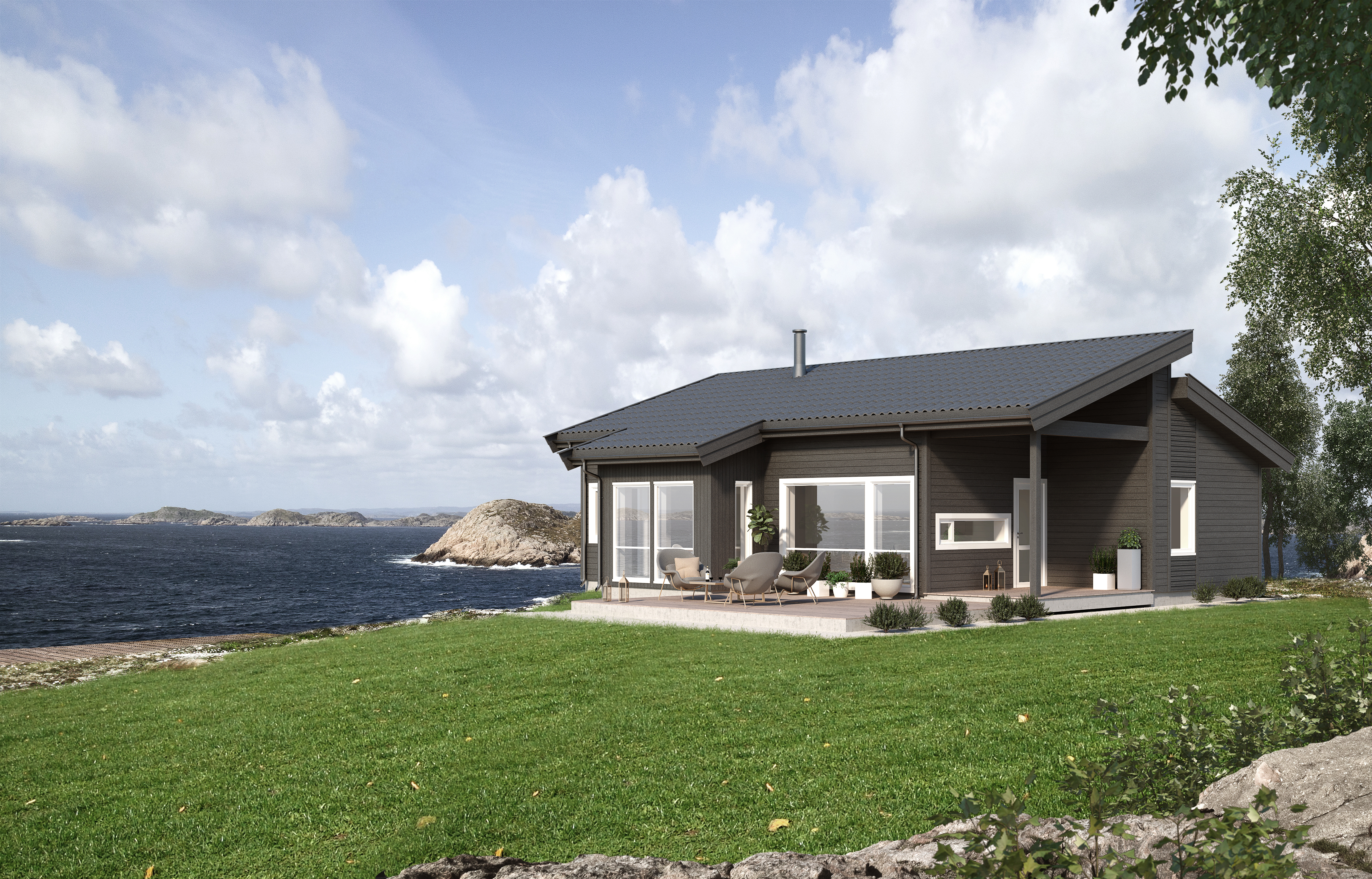 en gjengivelse av en hytte nær havet.