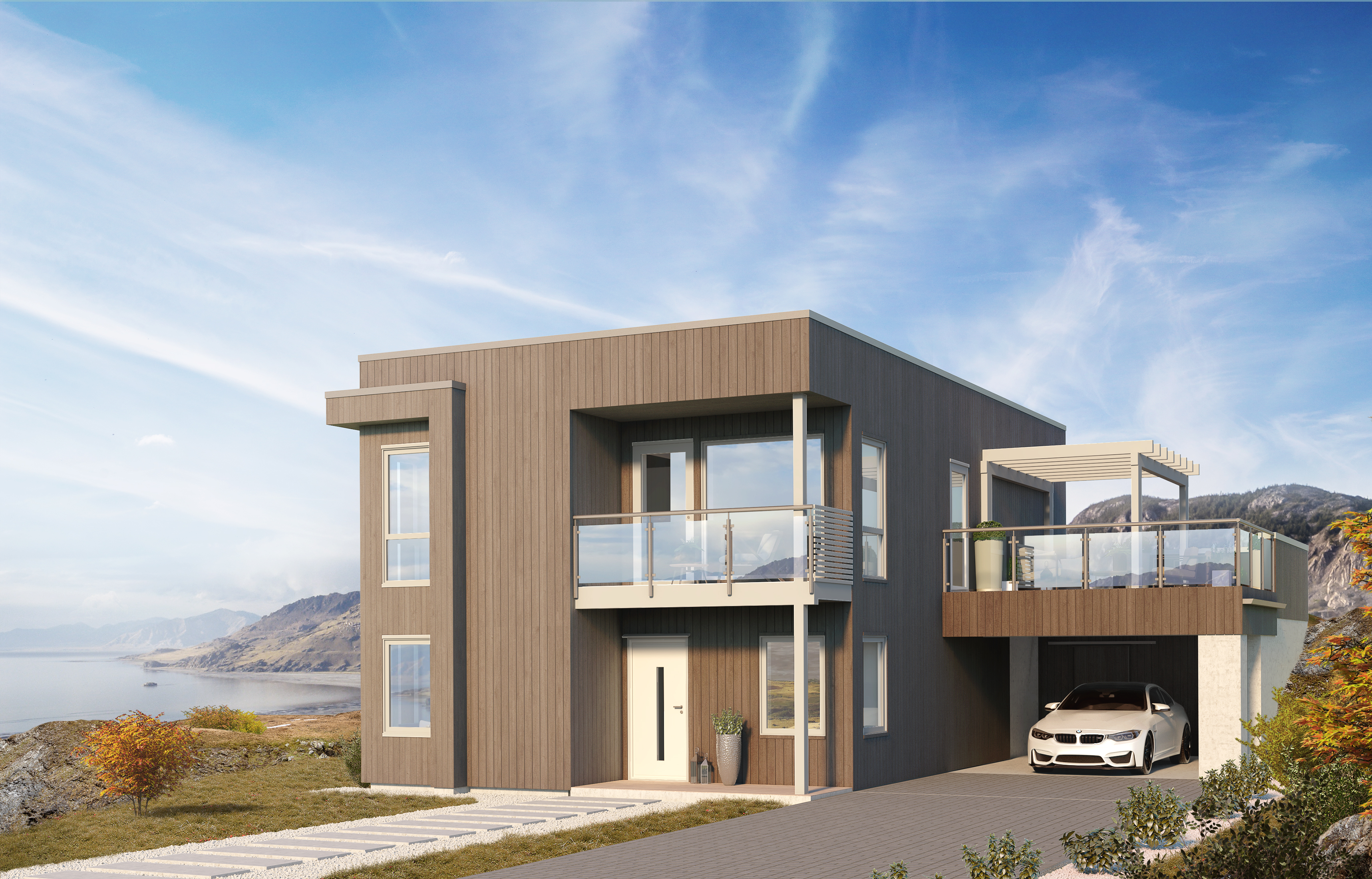 en 3d-gjengivelse av et moderne hus med en bil parkert foran.