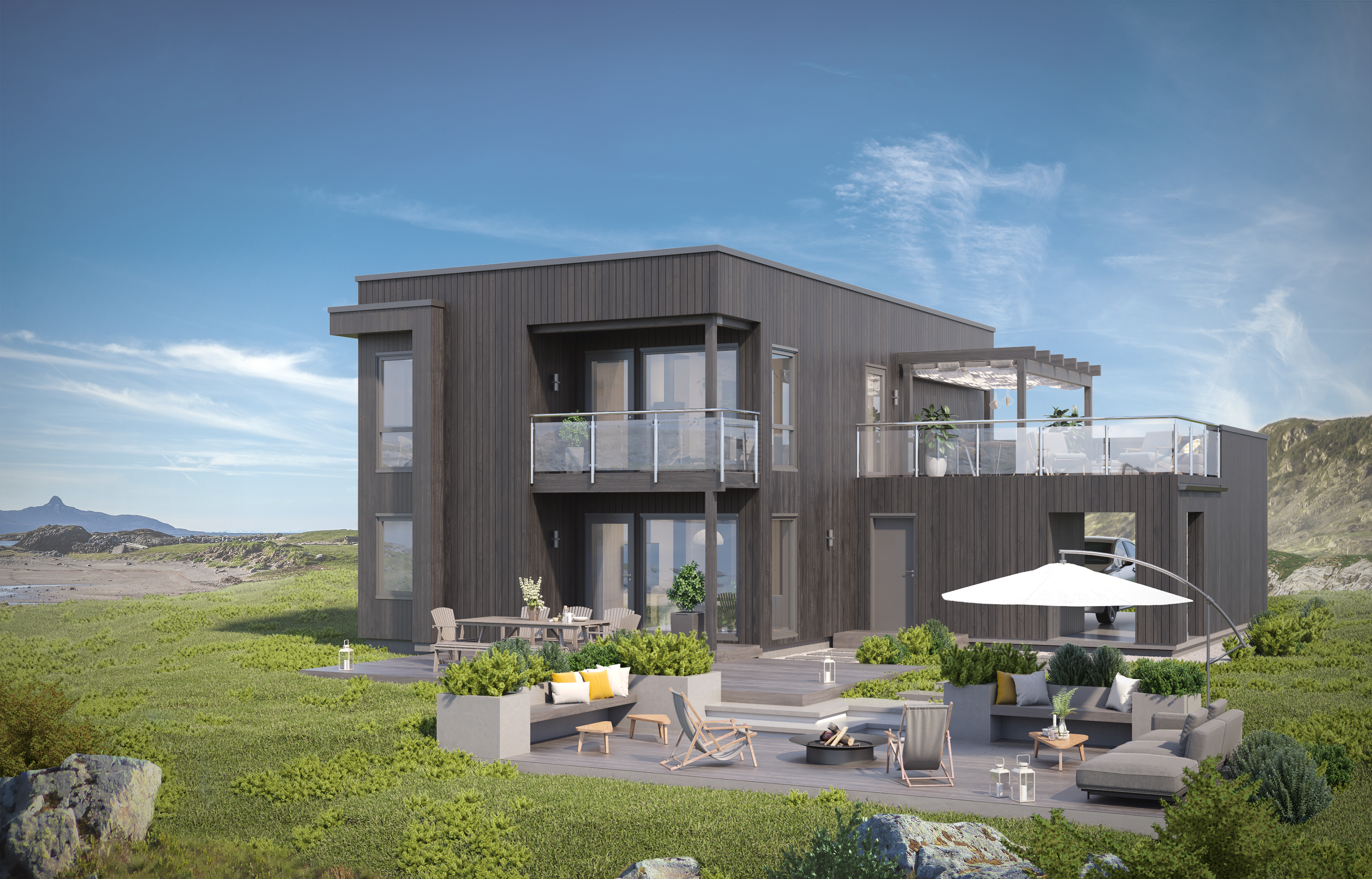 en 3d-gjengivelse av et moderne hus.