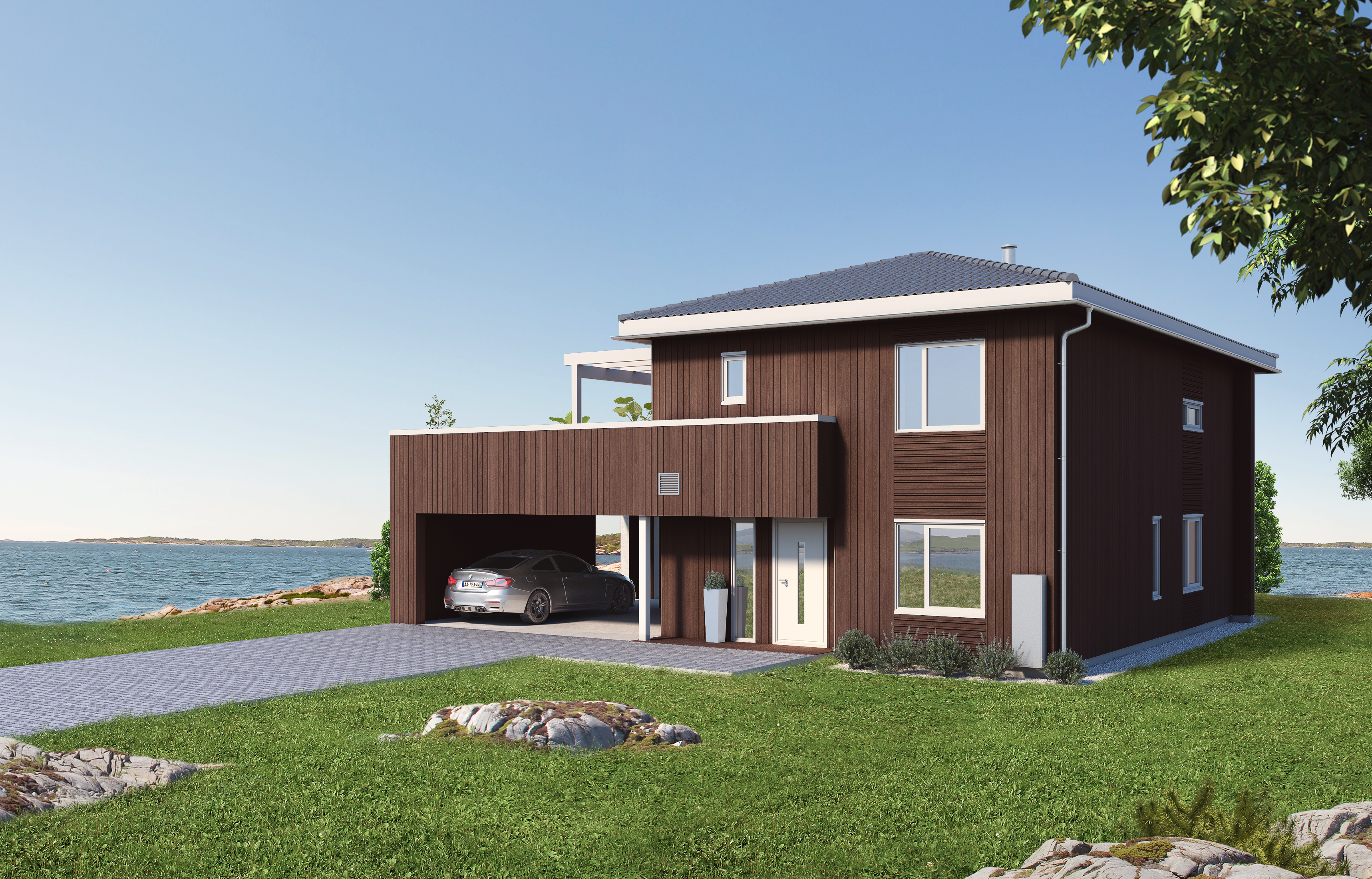 en 3d-gjengivelse av et hus nær vannet.