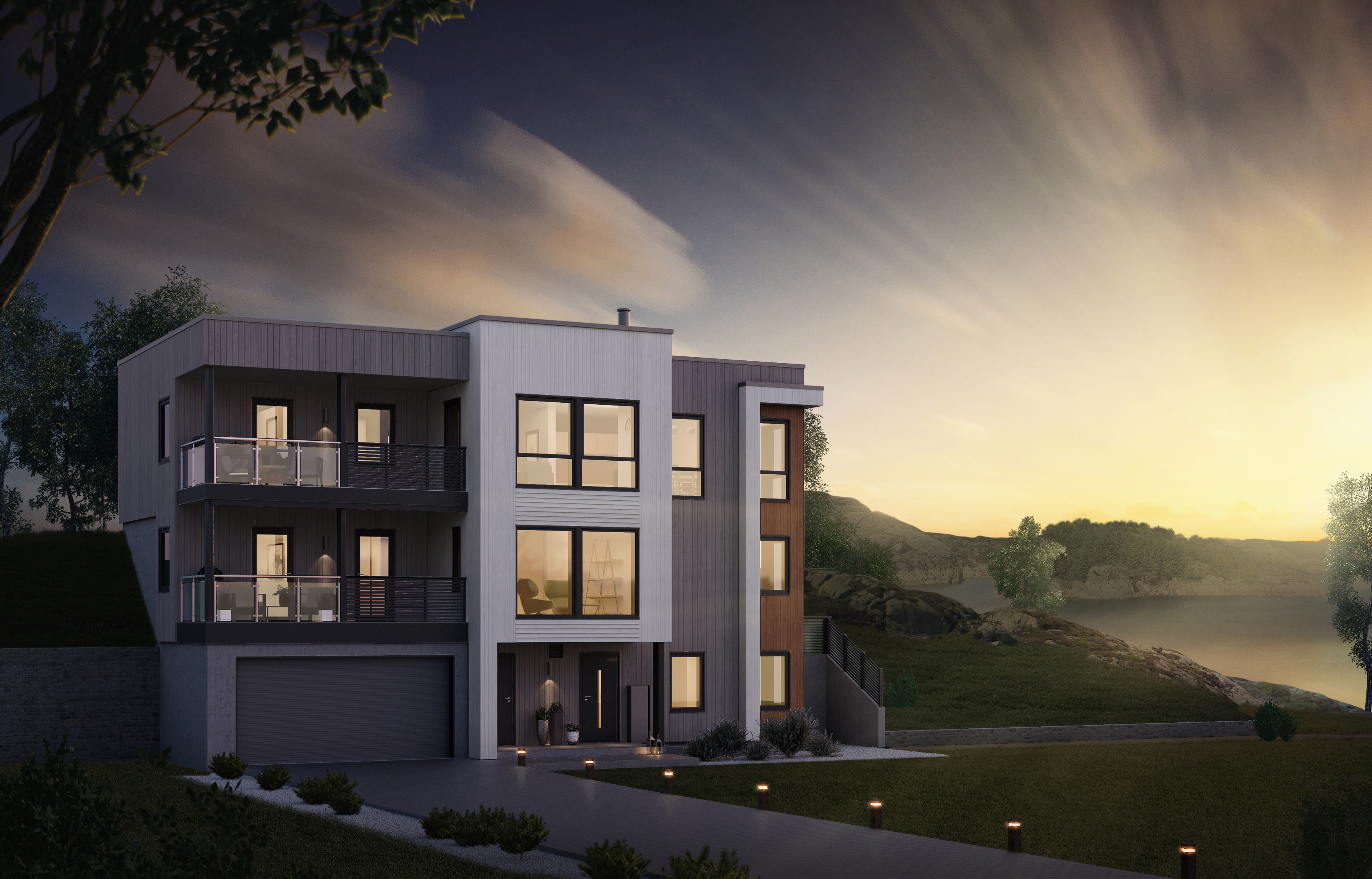 en 3d-gjengivelse av et moderne hus ved solnedgang.