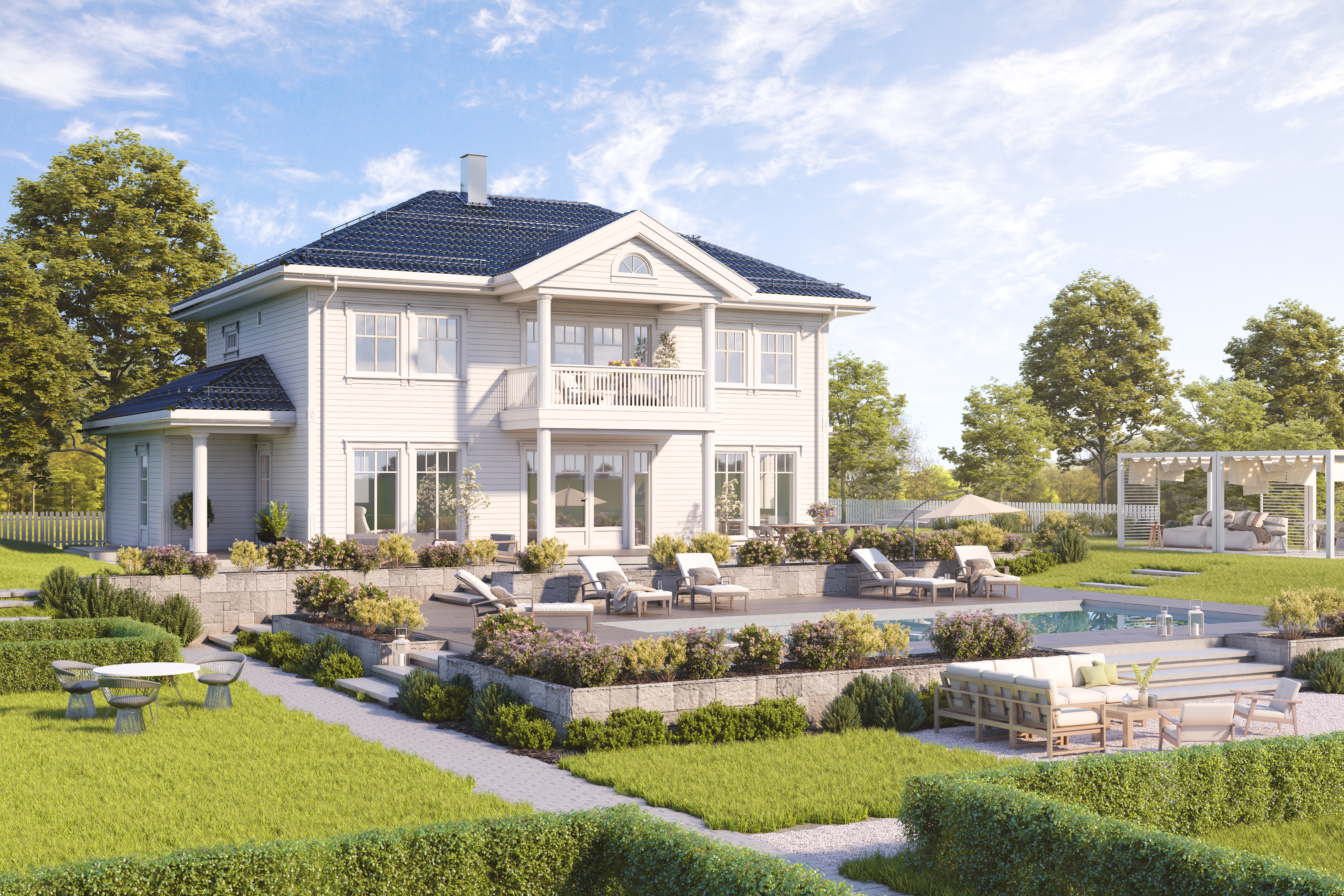 en 3d-gjengivelse av et hus med basseng.