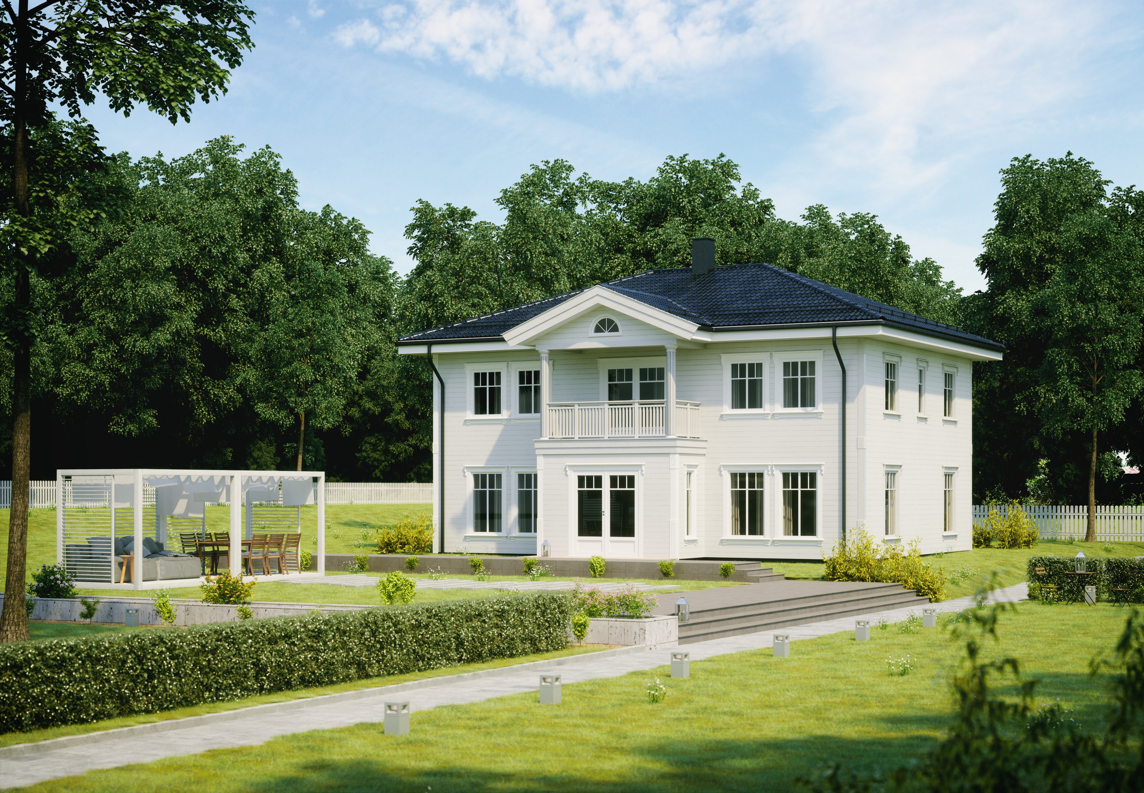 en 3d-gjengivelse av et hvitt hus midt i en grønn plen.