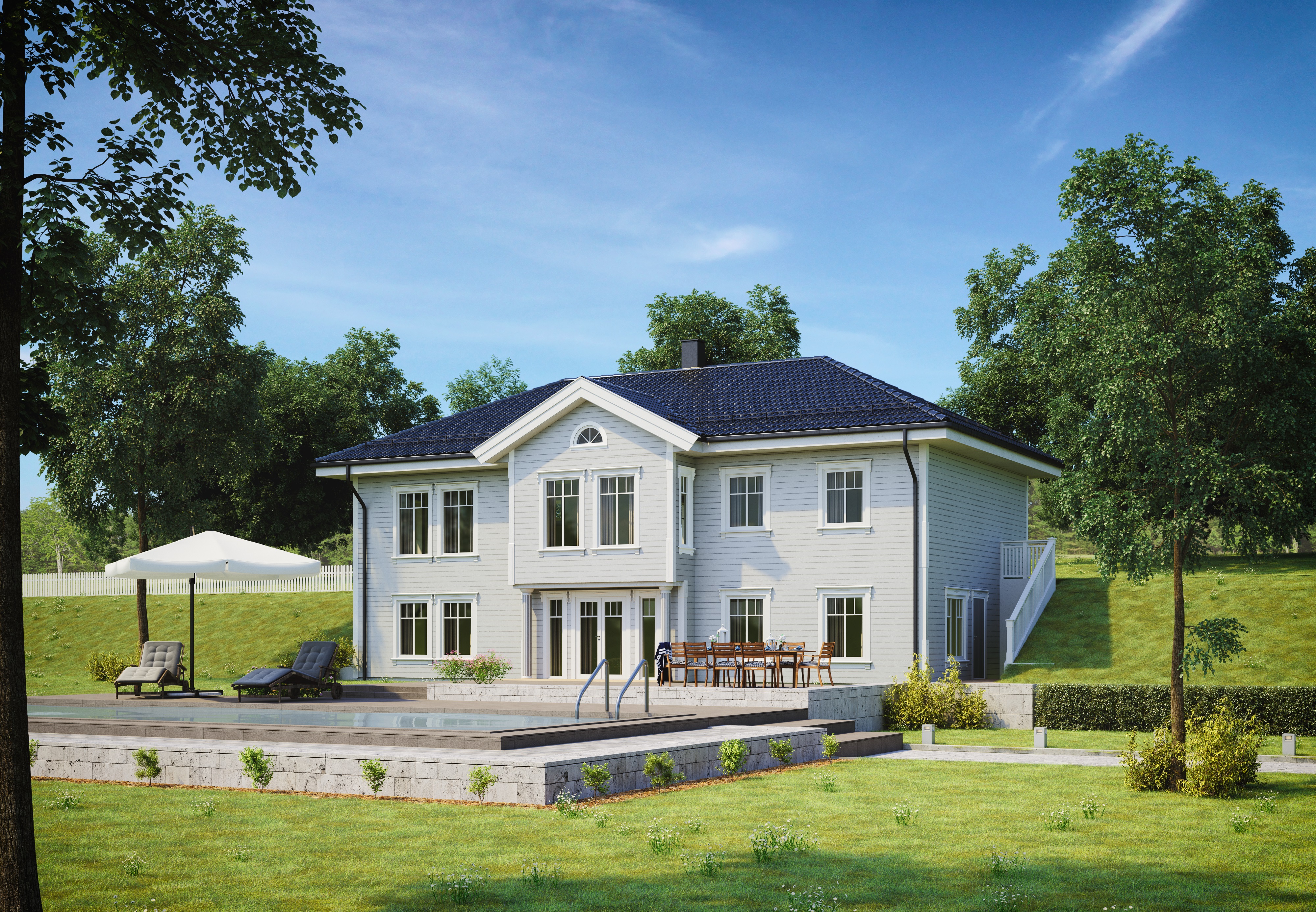en 3d-gjengivelse av et hus med basseng.