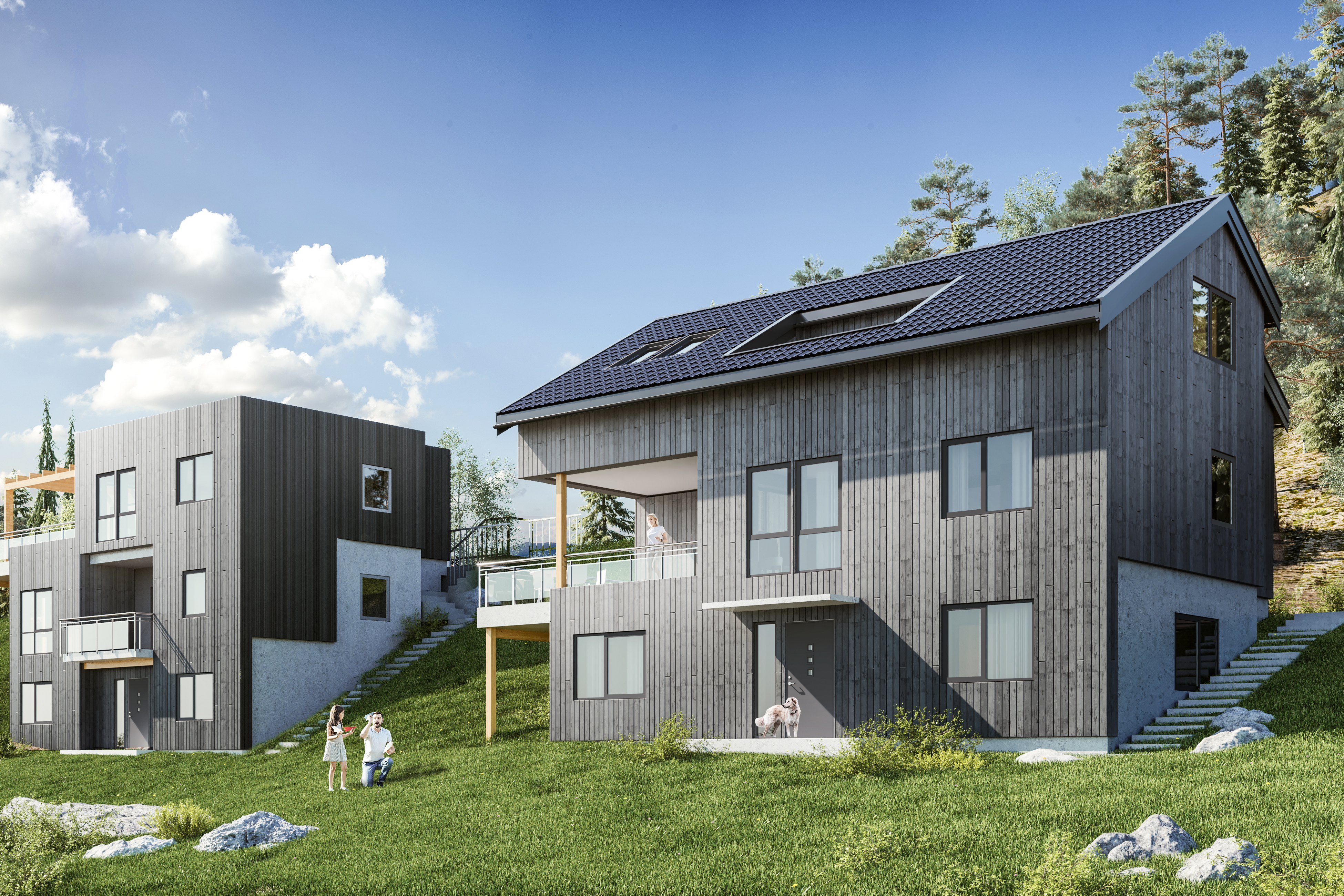 en gjengivelse av et hus med solcellepaneler på taket.