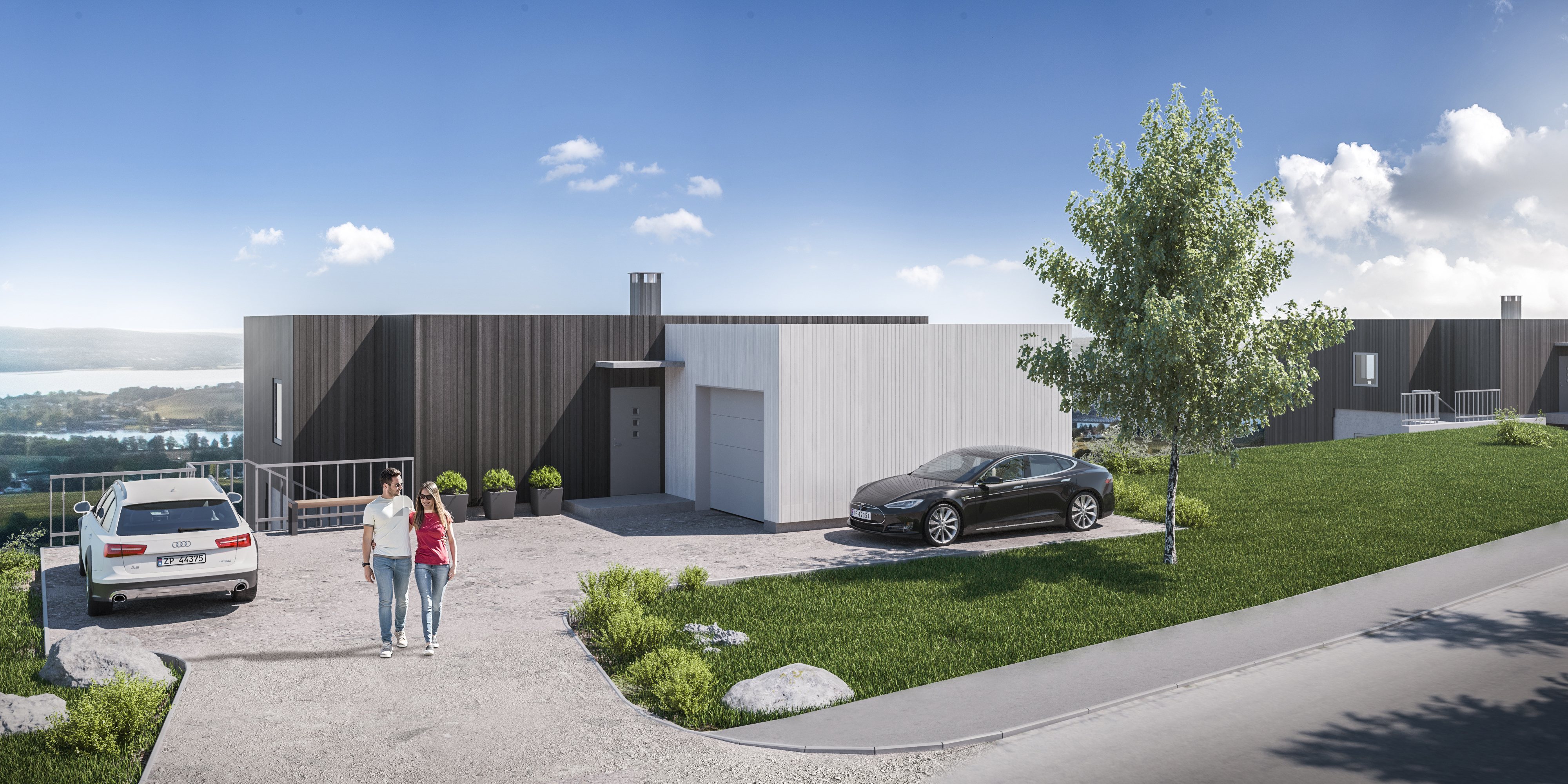 en gjengivelse av et hus med en bil parkert foran.