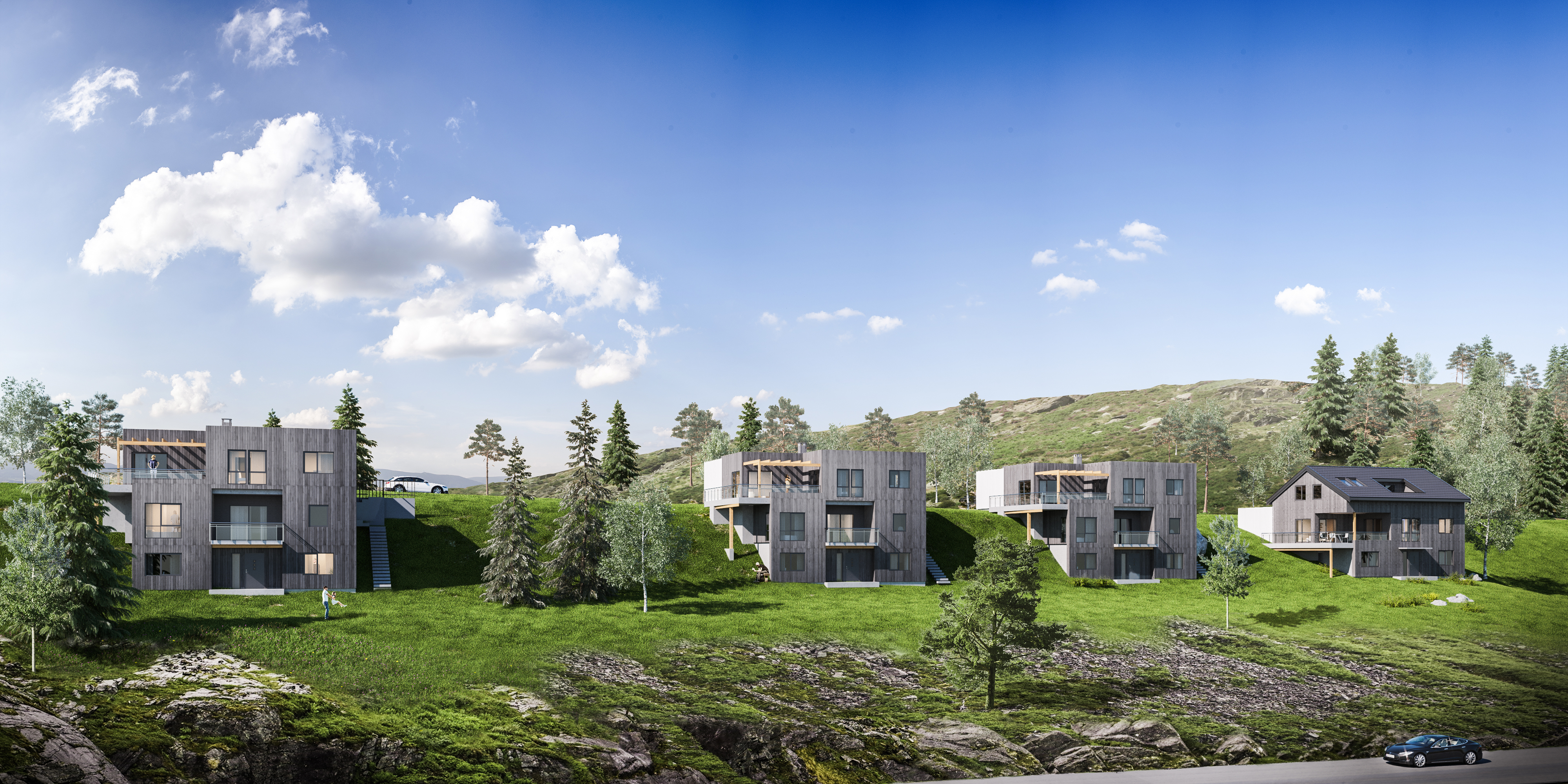 en gjengivelse av en gruppe hus i en åsside.