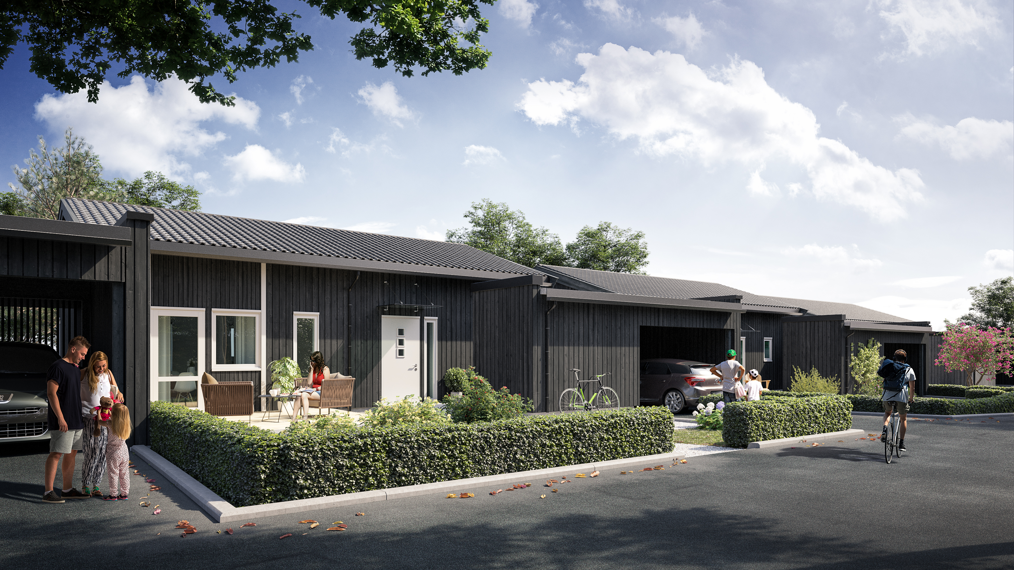 en kunstners gjengivelse av et svart hus med folk som går rundt.