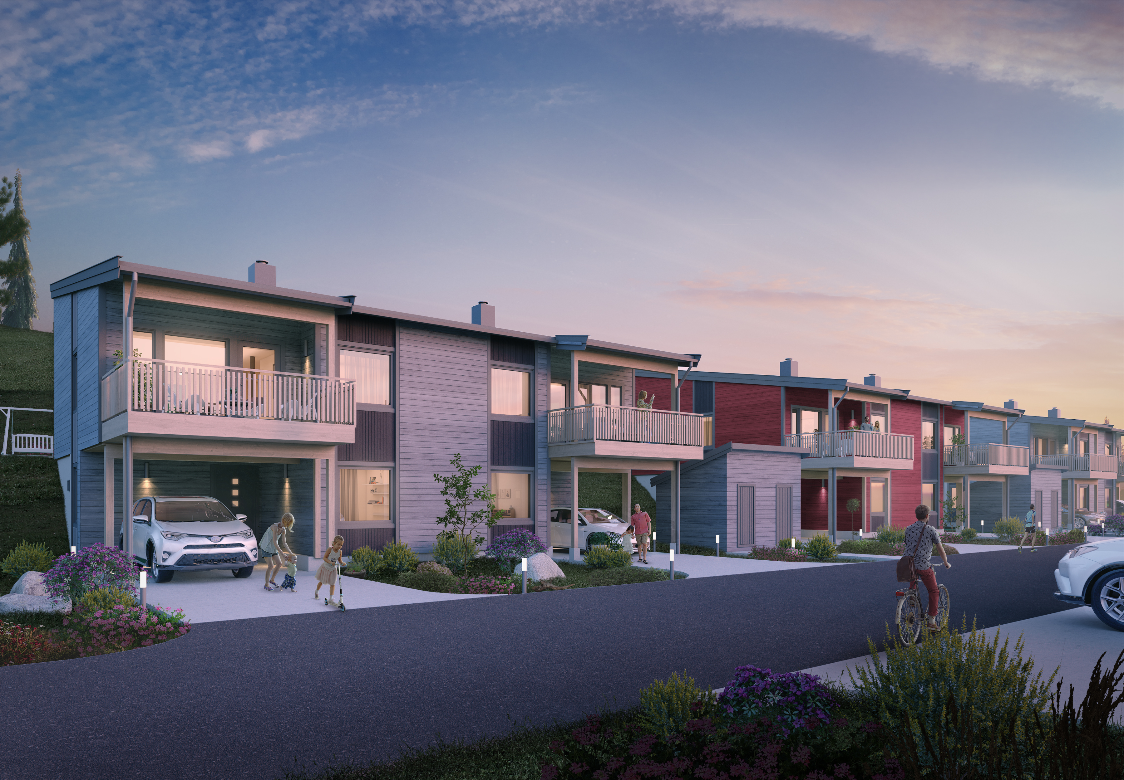 en kunstners gjengivelse av et boligområde i skumringen.