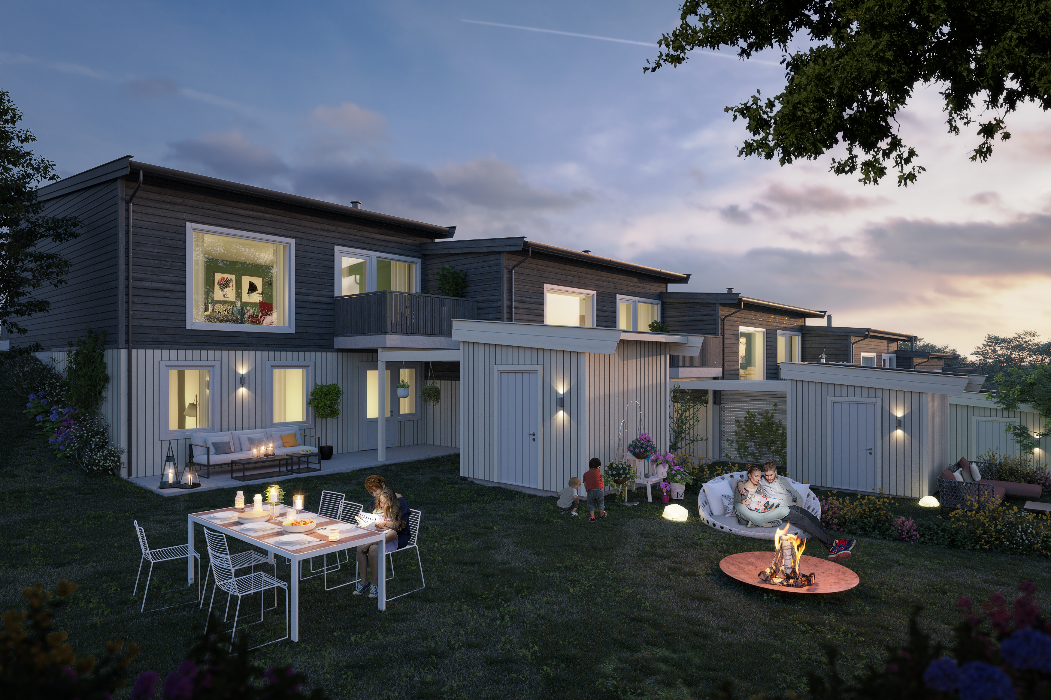 en kunstners gjengivelse av et hus i skumringen.