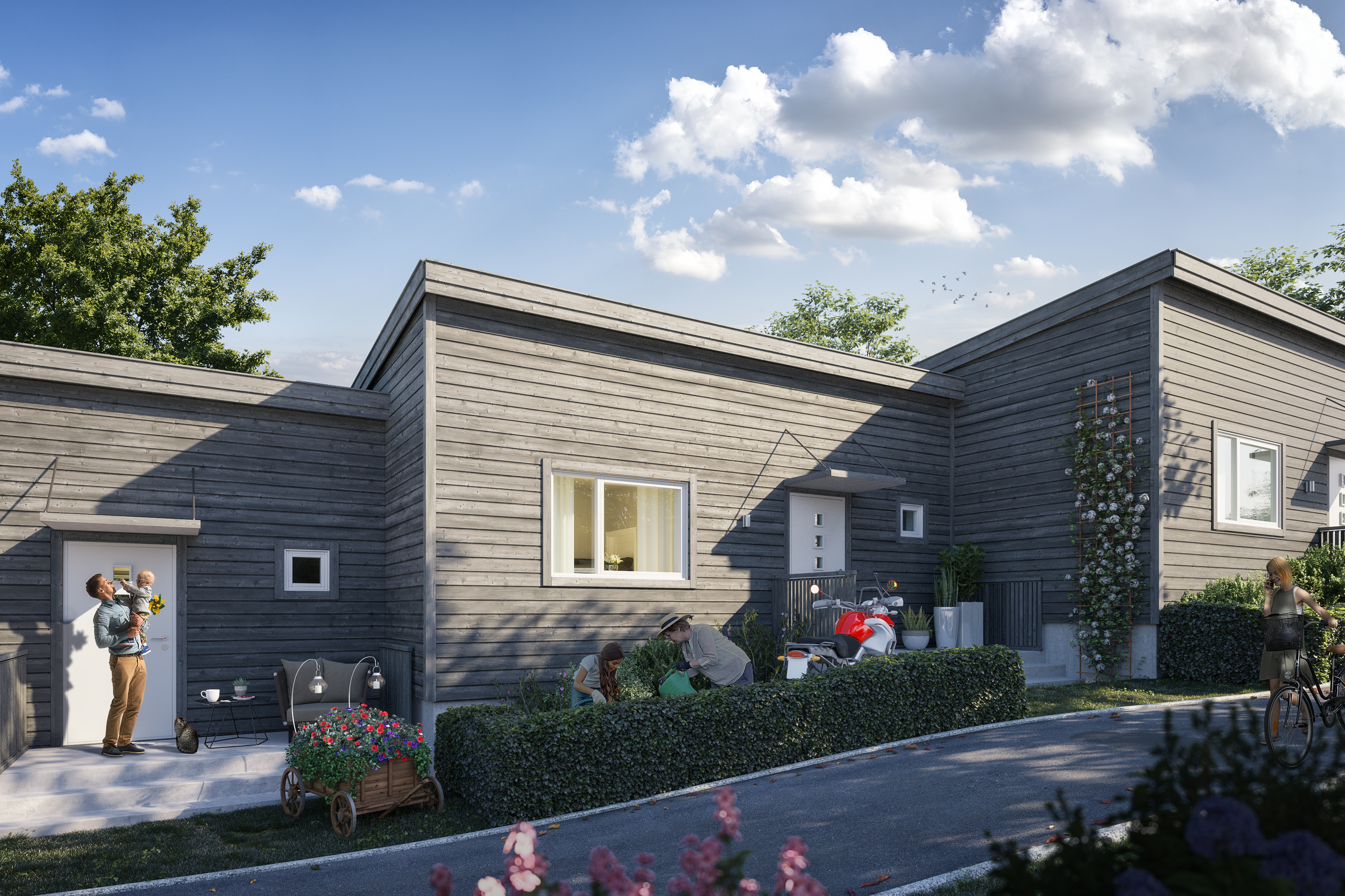 en 3d-gjengivelse av et hus med veranda.