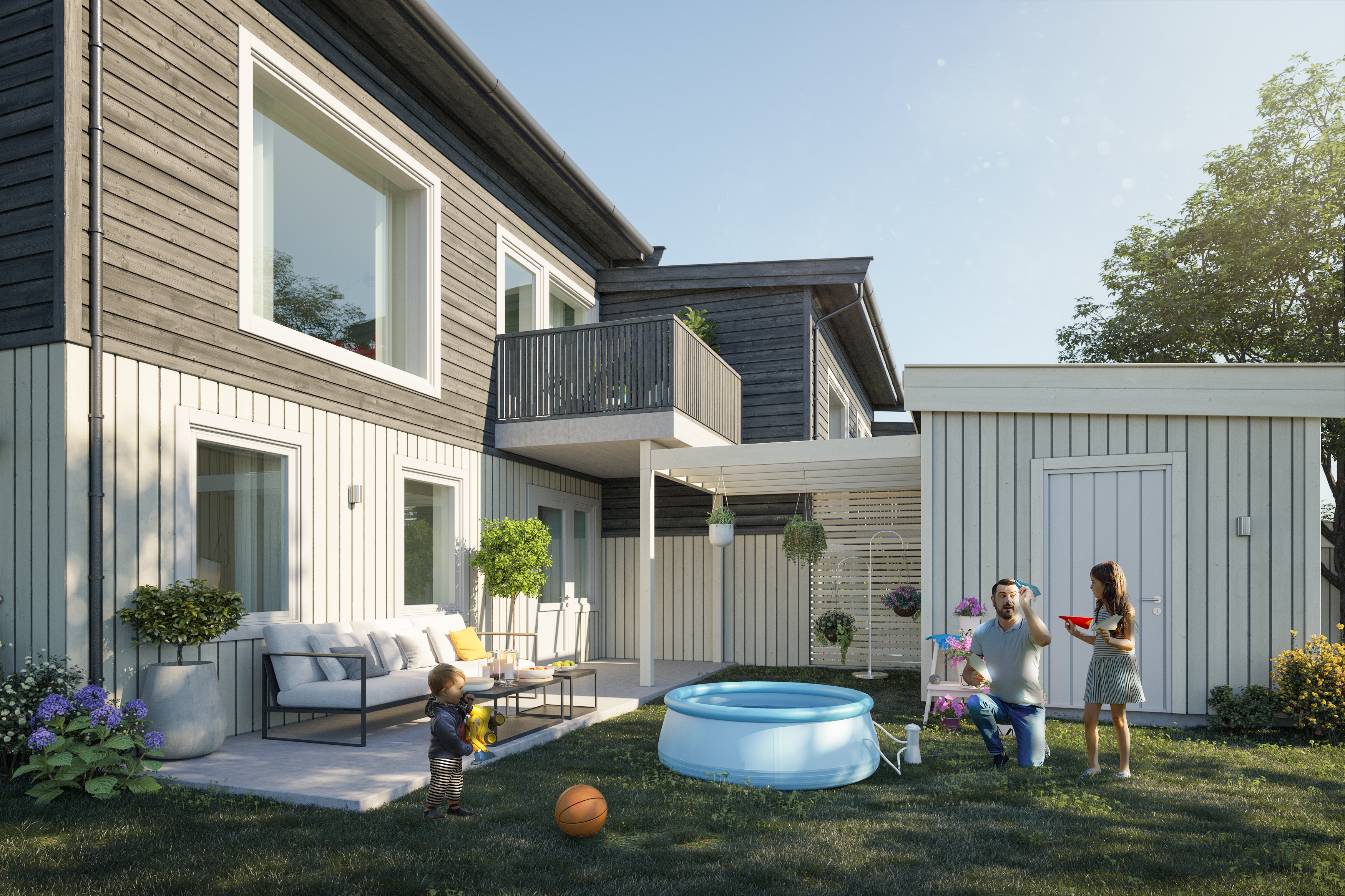 en 3d-gjengivelse av et hus med et svømmebasseng.