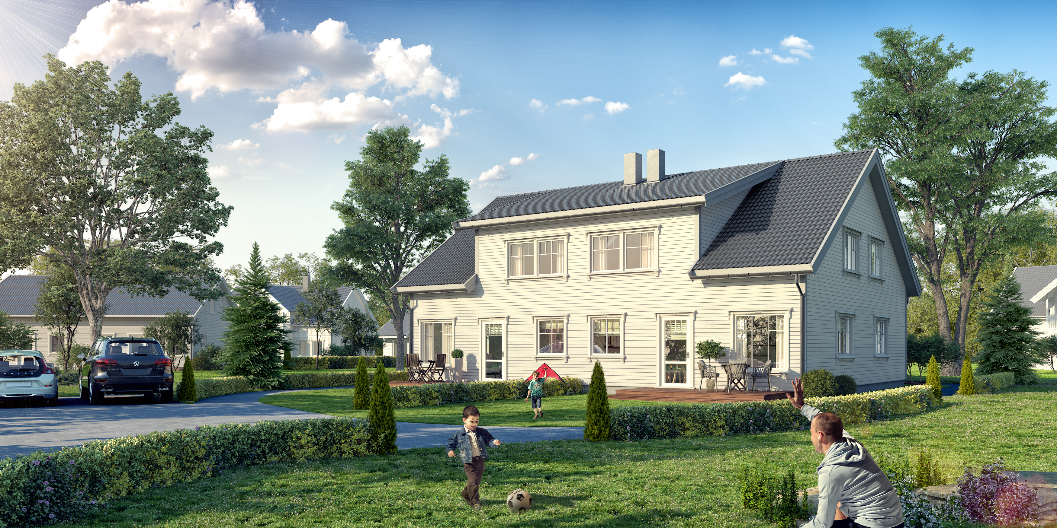 en gjengivelse av et hus med en hund på gården.