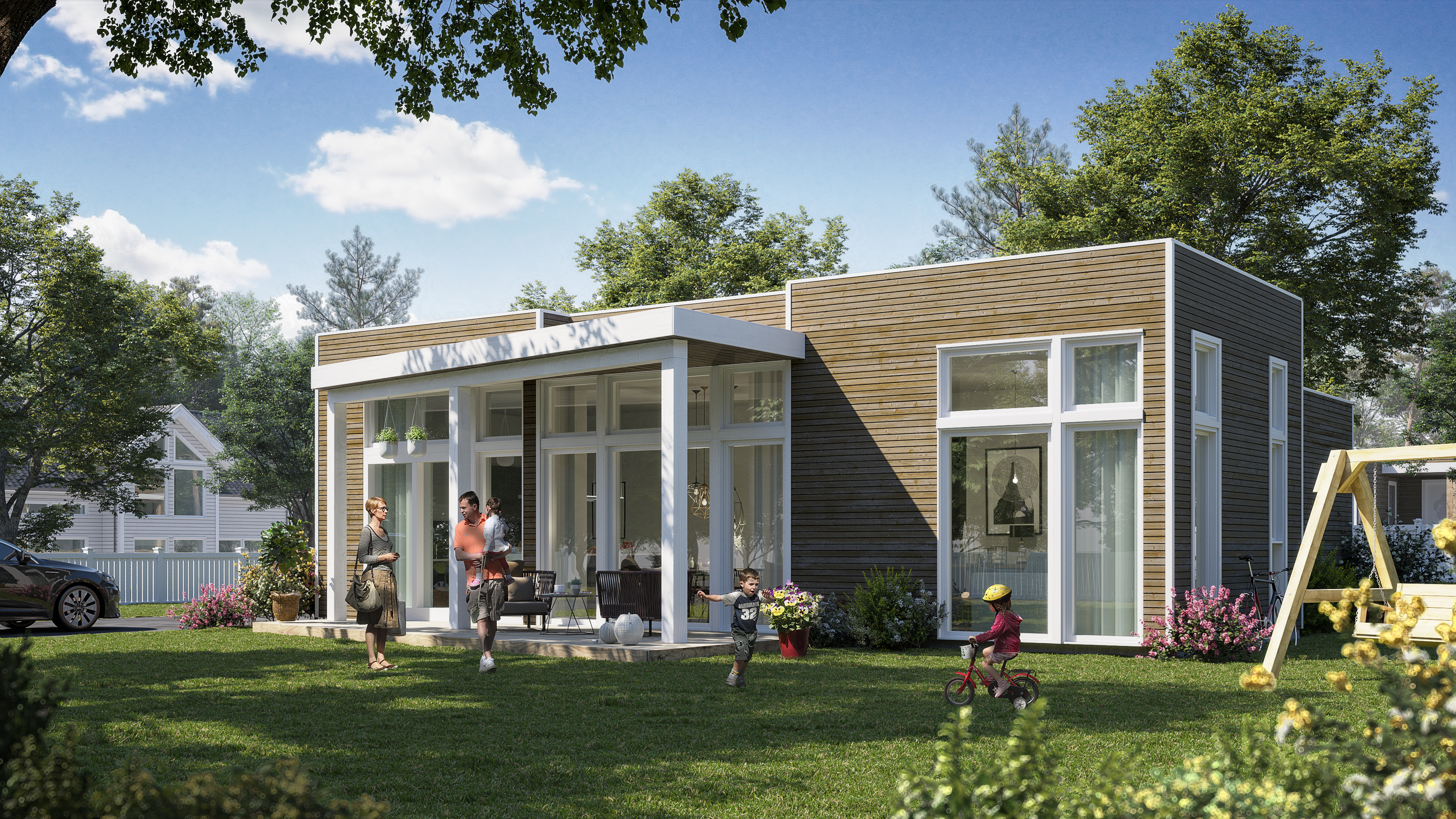 en gjengivelse av et lite hus på gården.