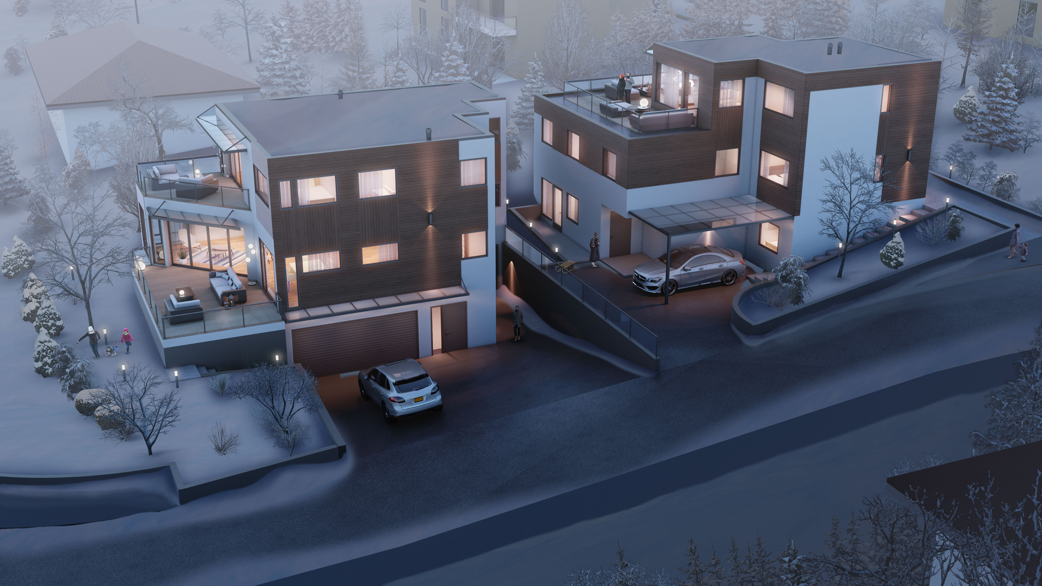 en 3d-gjengivelse av et hus i snøen.
