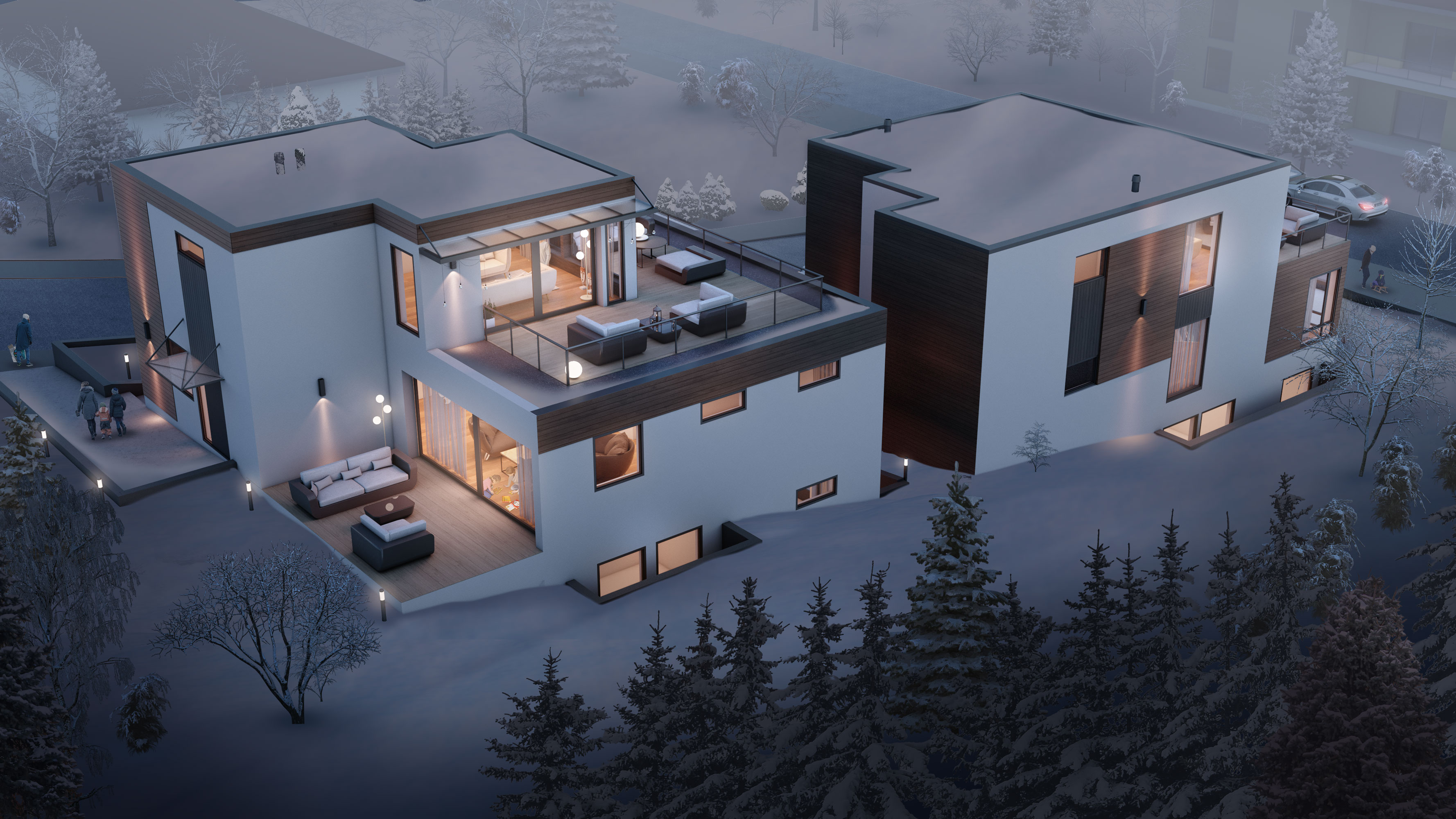 en 3d-gjengivelse av et moderne hus i snøen.