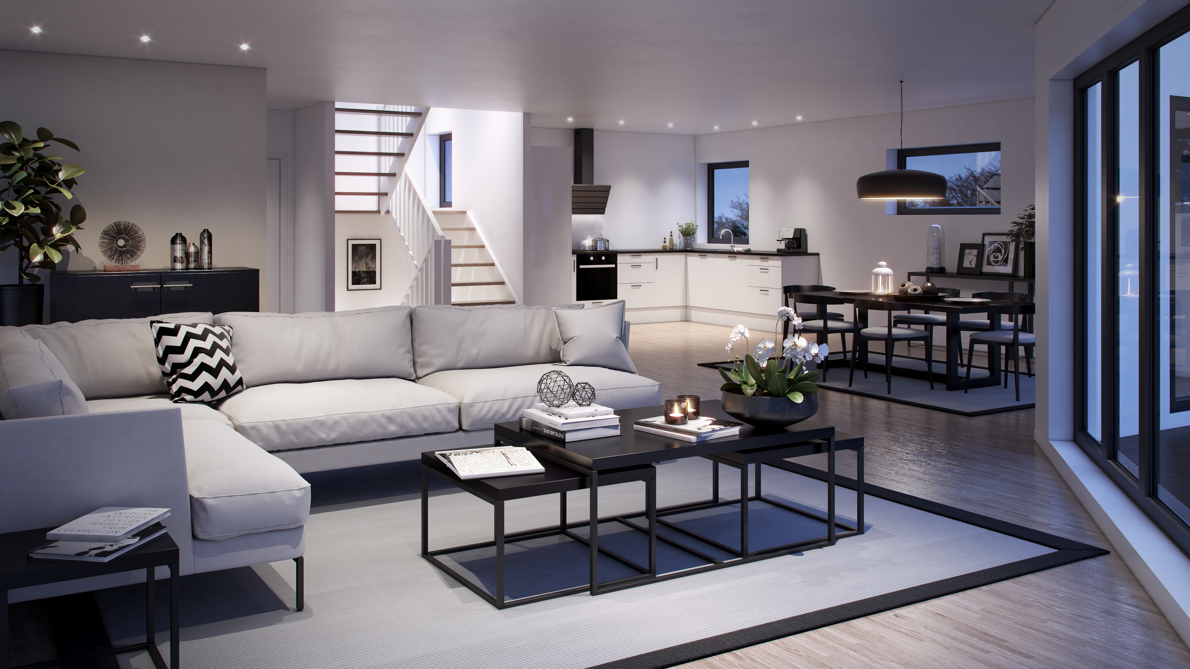 en moderne stue med hvit sofa og spisebord.
