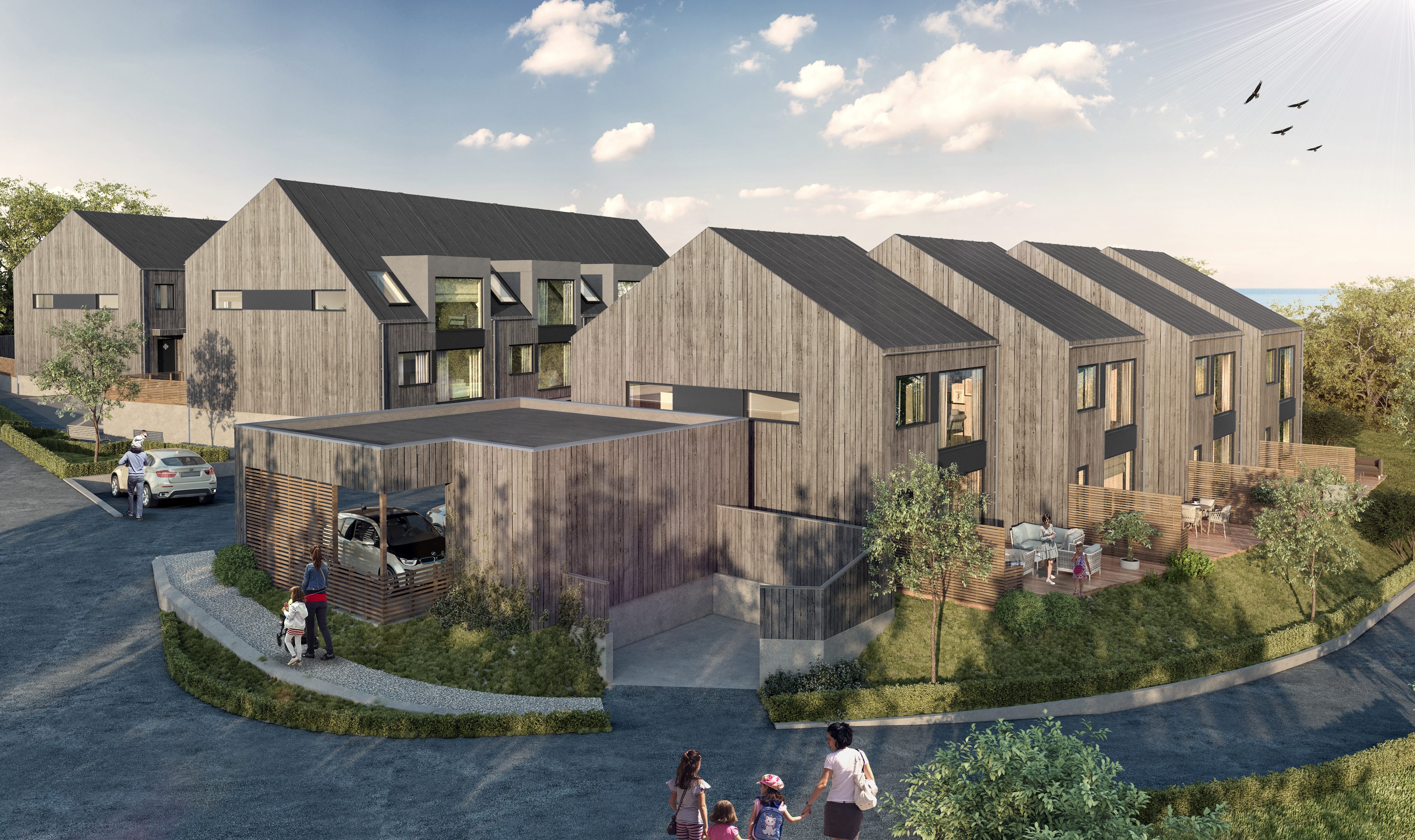 en kunstners gjengivelse av en gruppe hus nær havet.
