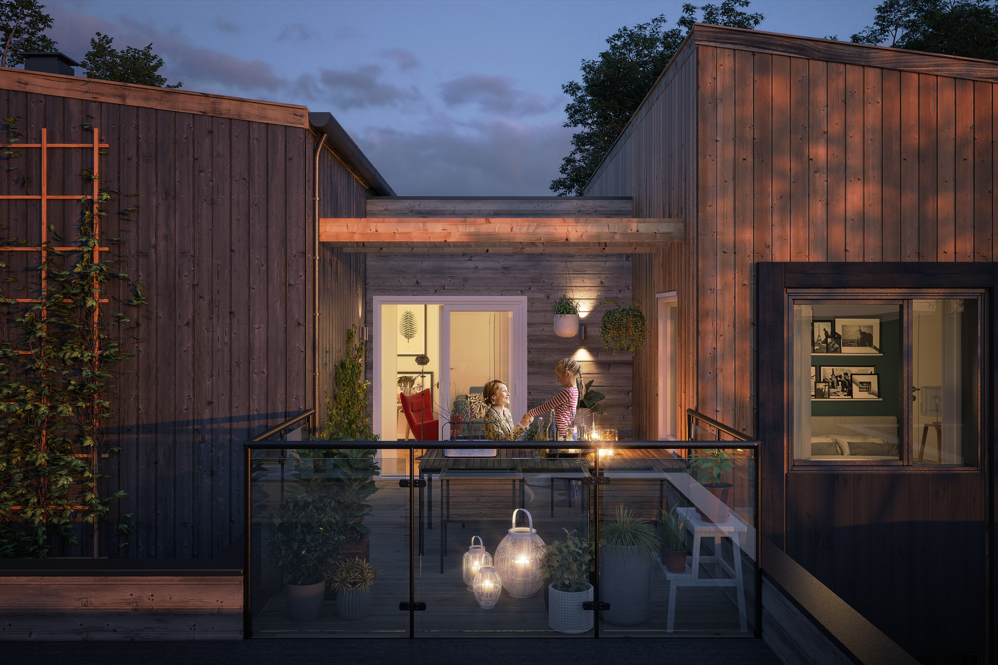 en 3d-gjengivelse av et hus i skumringen.