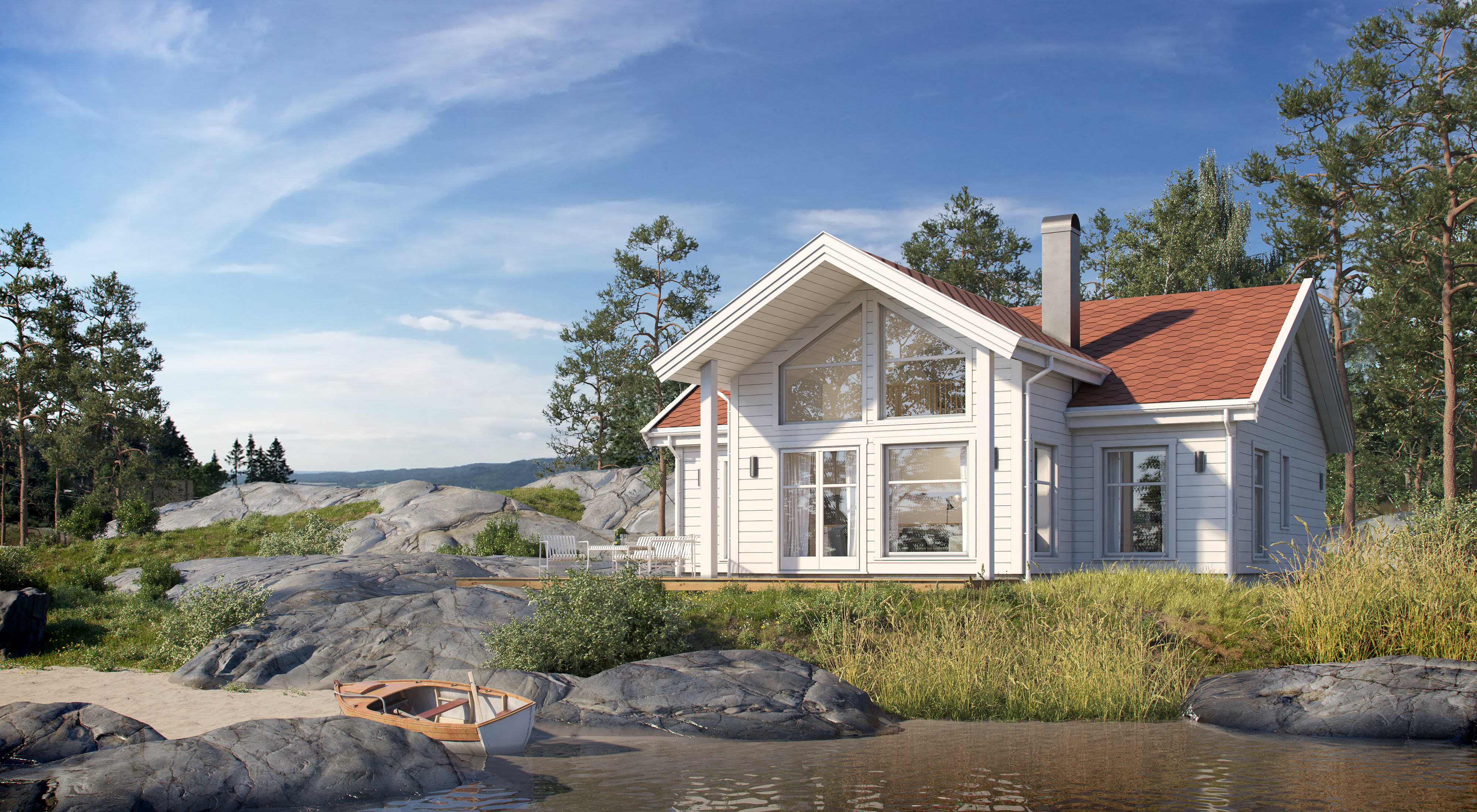en hvit hytte ved bredden av en innsjø.