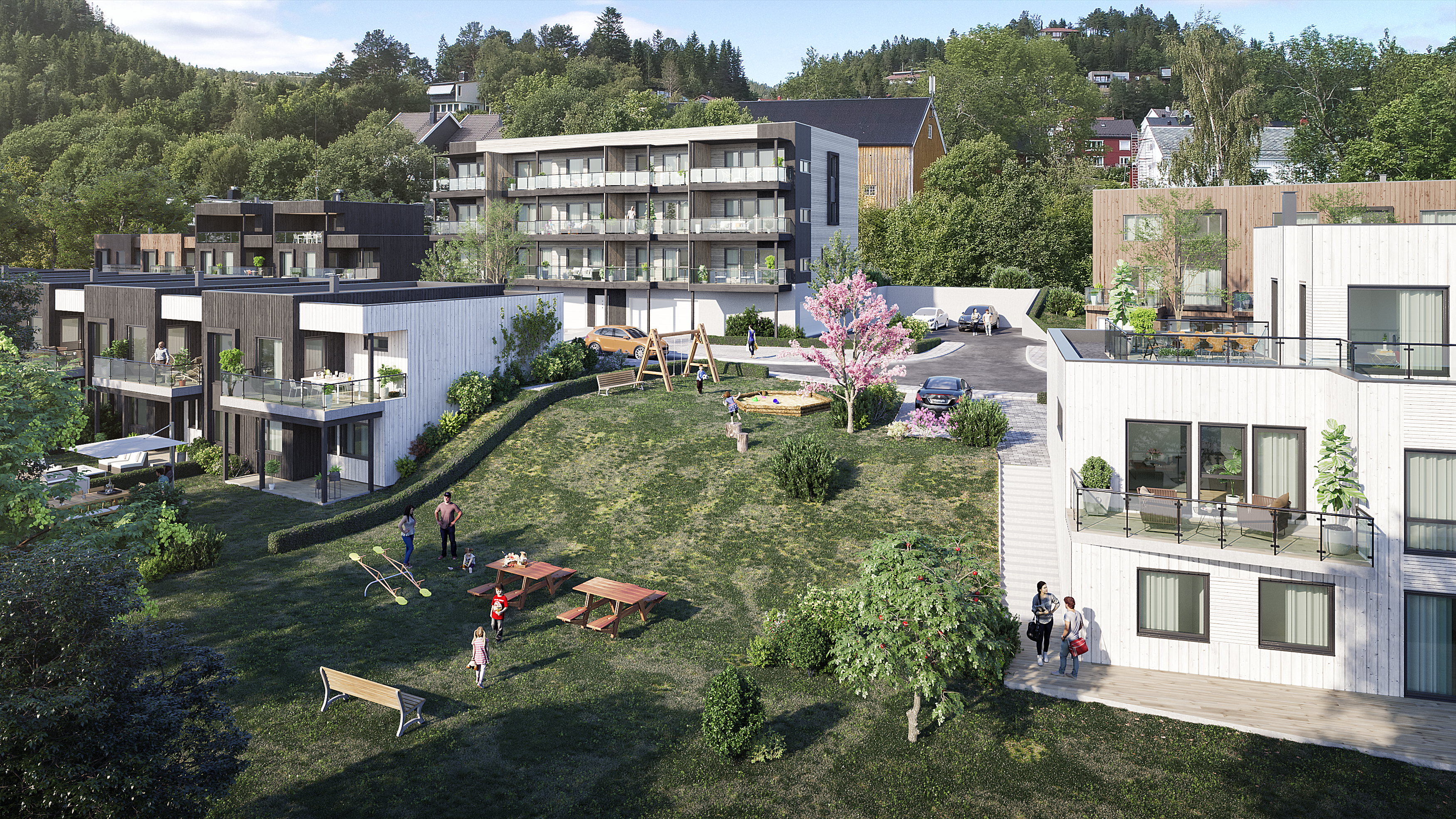 en kunstners gjengivelse av et leilighetskompleks i en åsside.