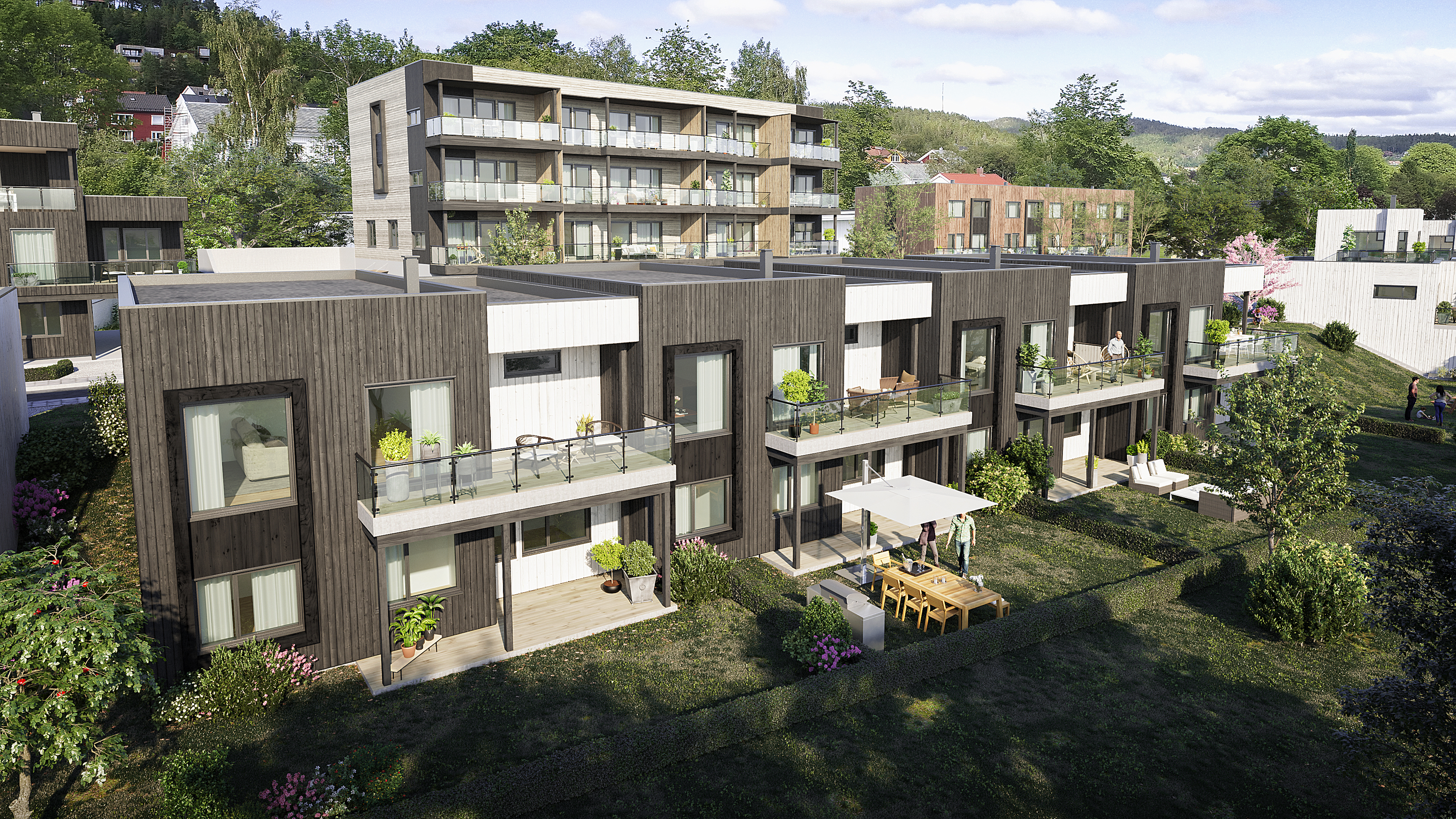 en kunstners gjengivelse av et moderne leilighetskompleks.