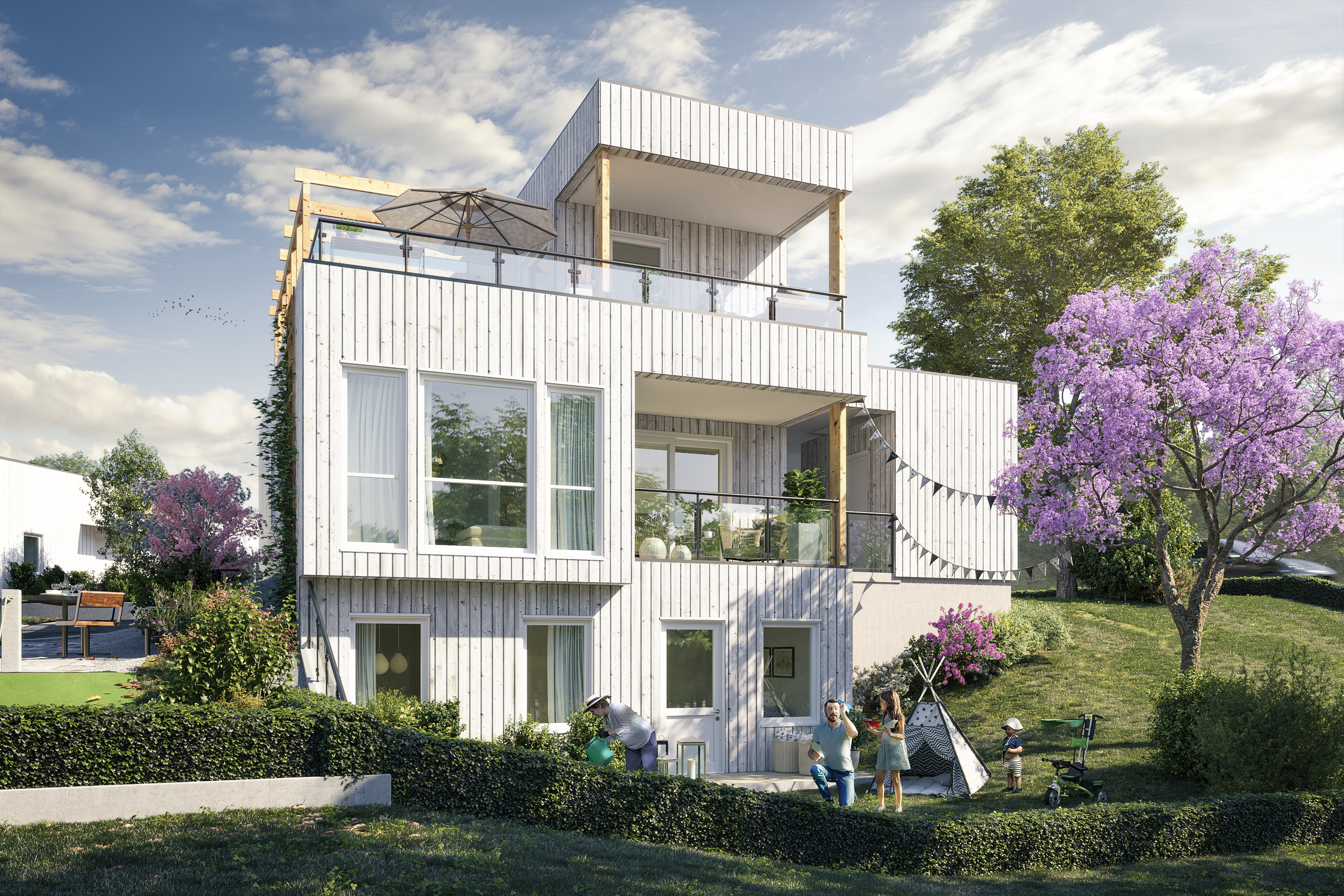 en 3d-gjengivelse av et hus i en åsside.