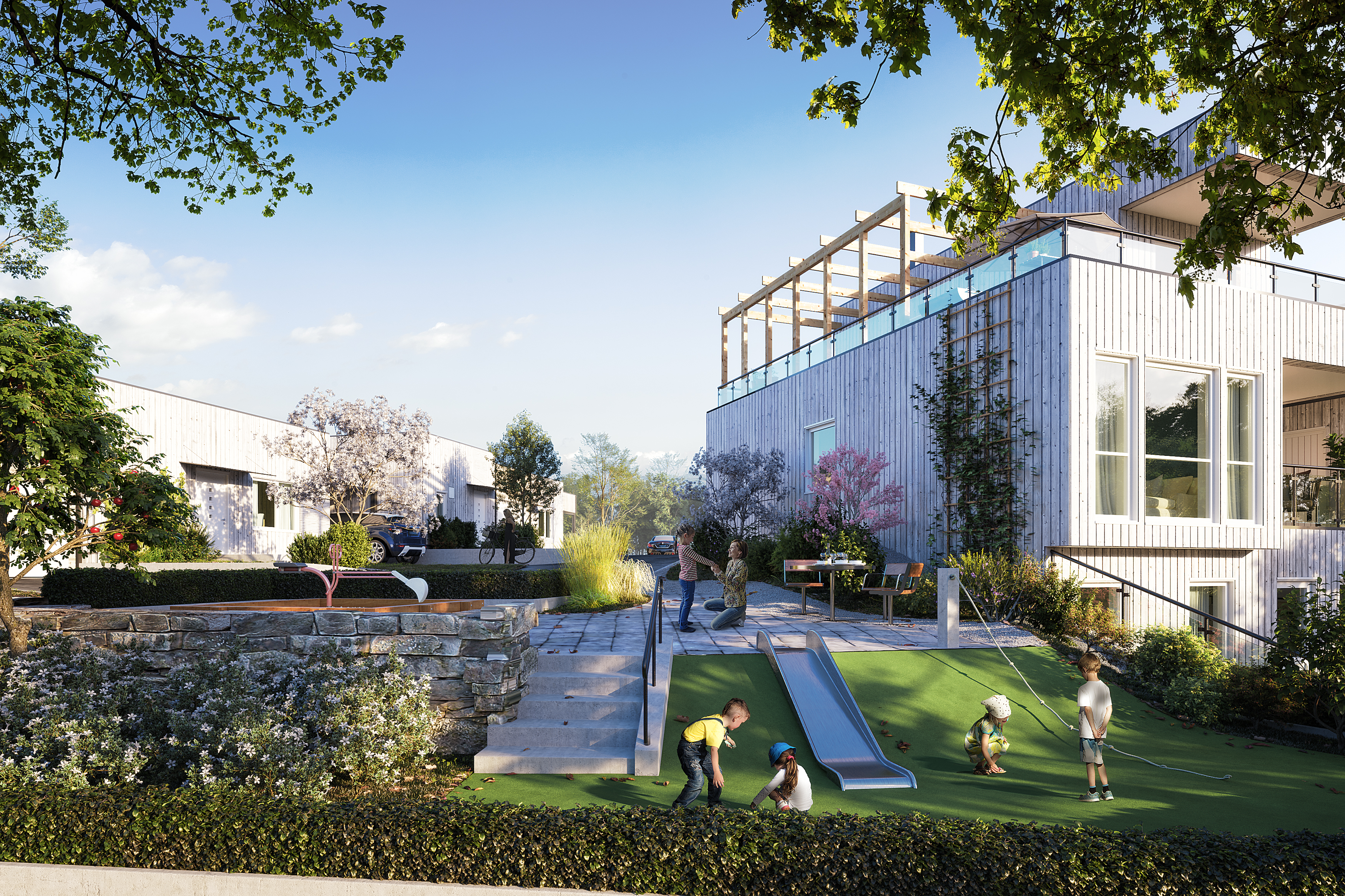 en kunstners gjengivelse av et hus med en lekeplass.