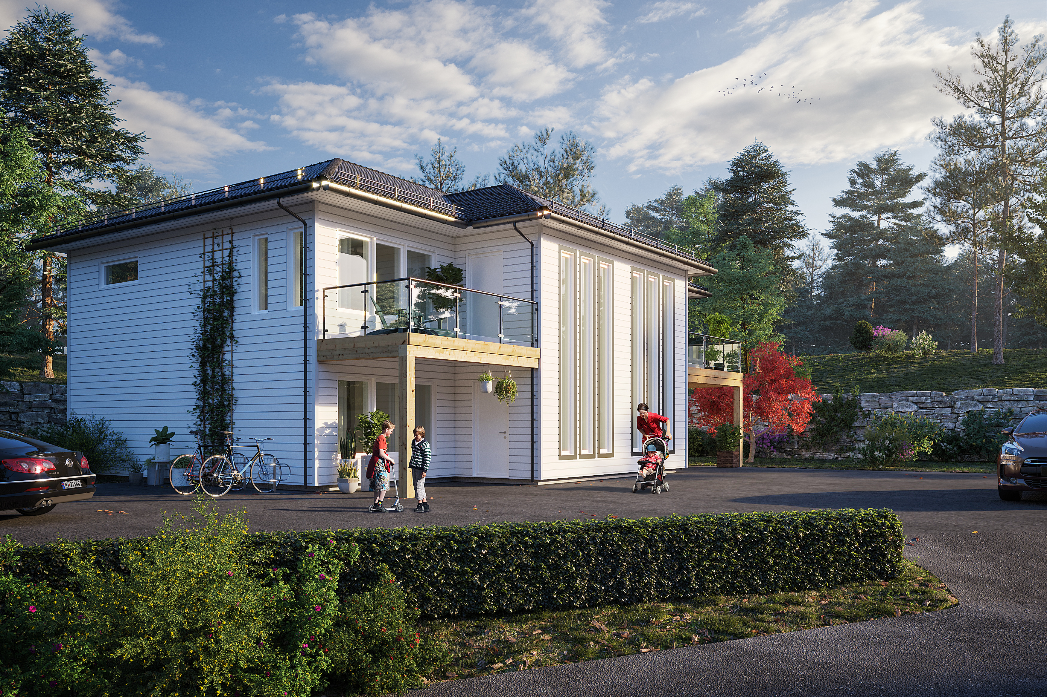 et hvitt hus med balkong.