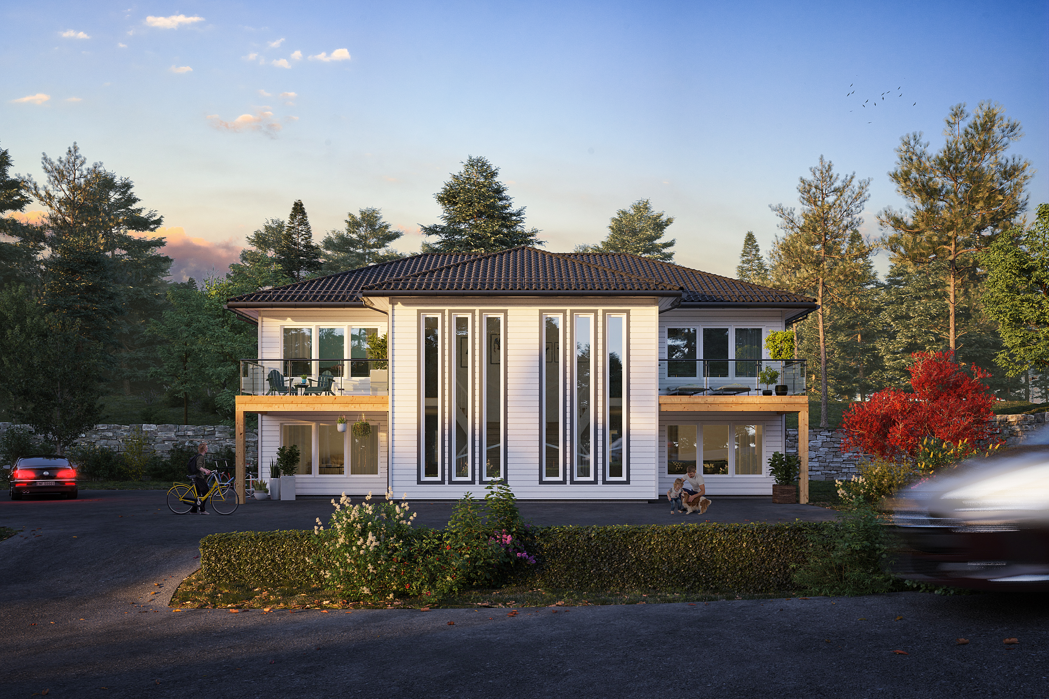 en 3d-gjengivelse av et hus med en bil foran seg.