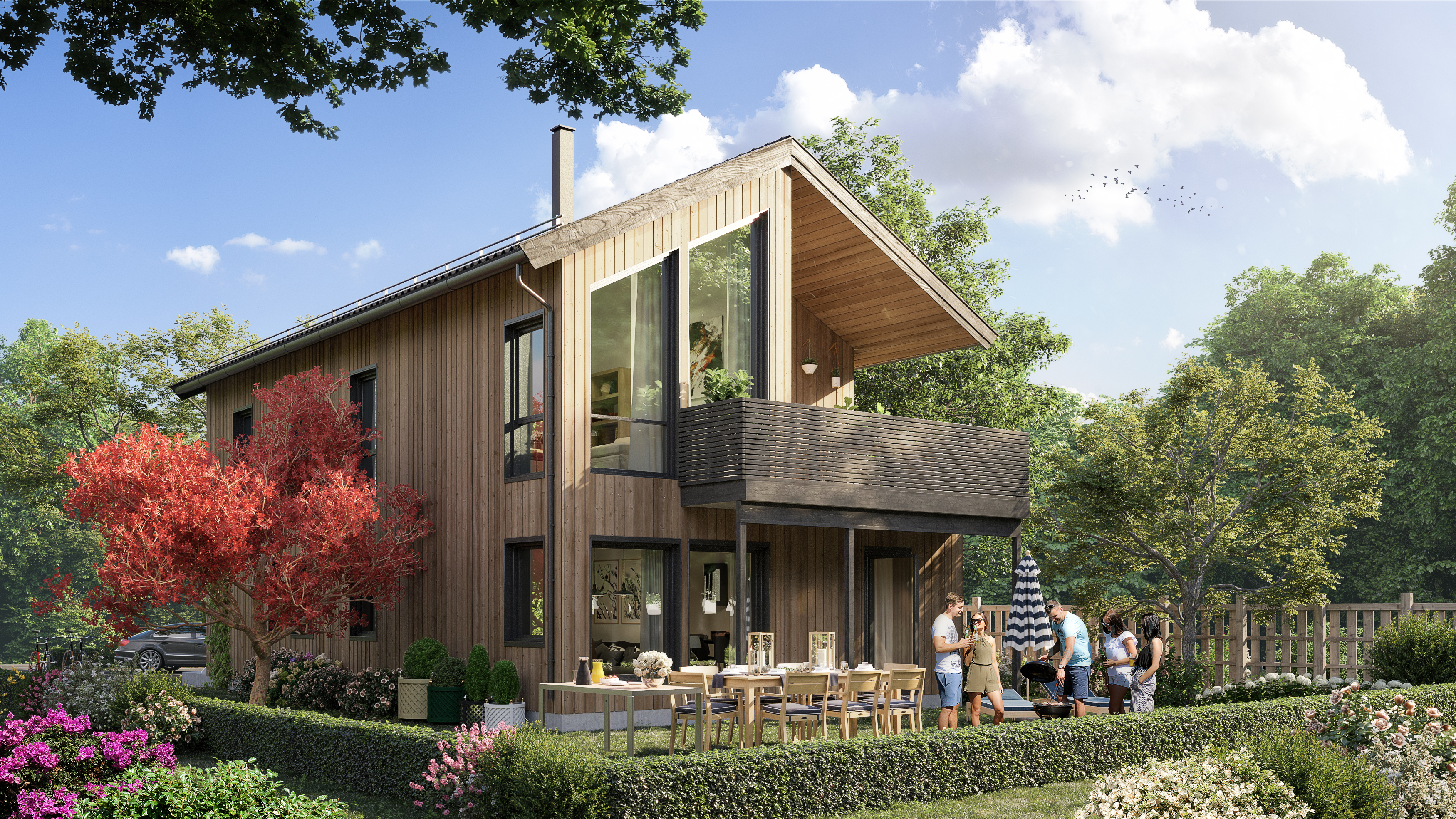 en gjengivelse av et hus med terrasse og uteplass.