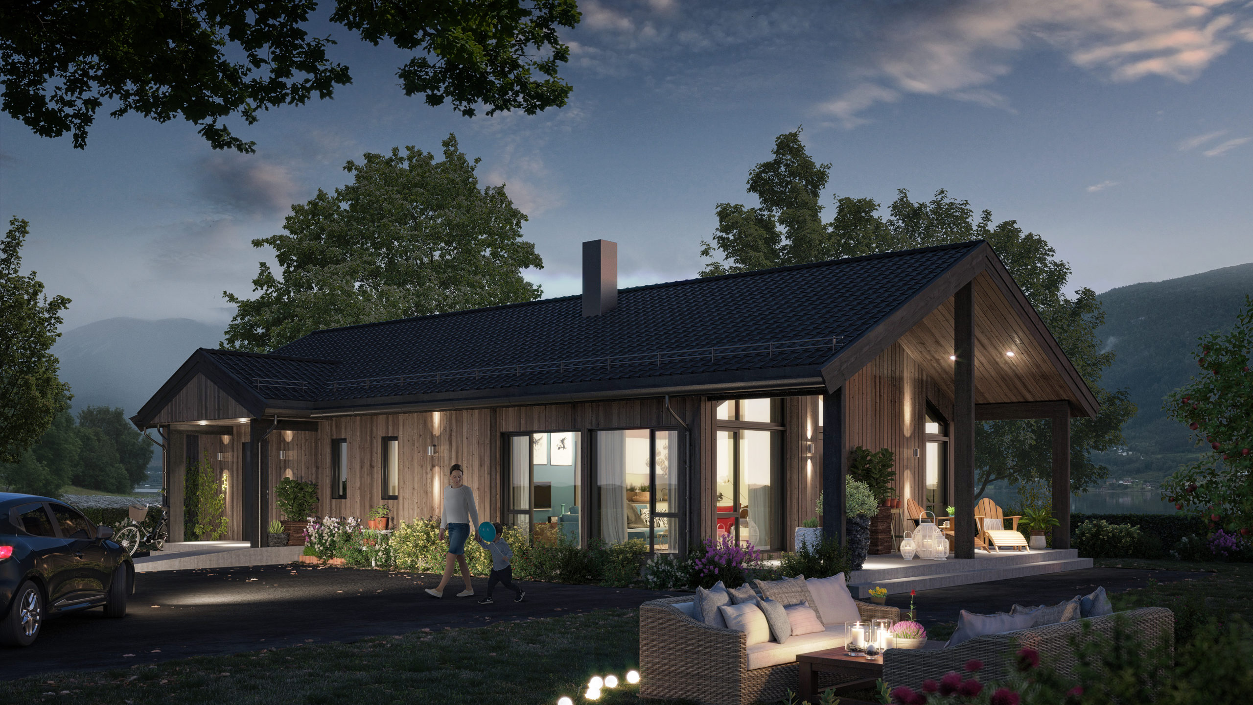 en 3d-gjengivelse av en hytte om natten.
