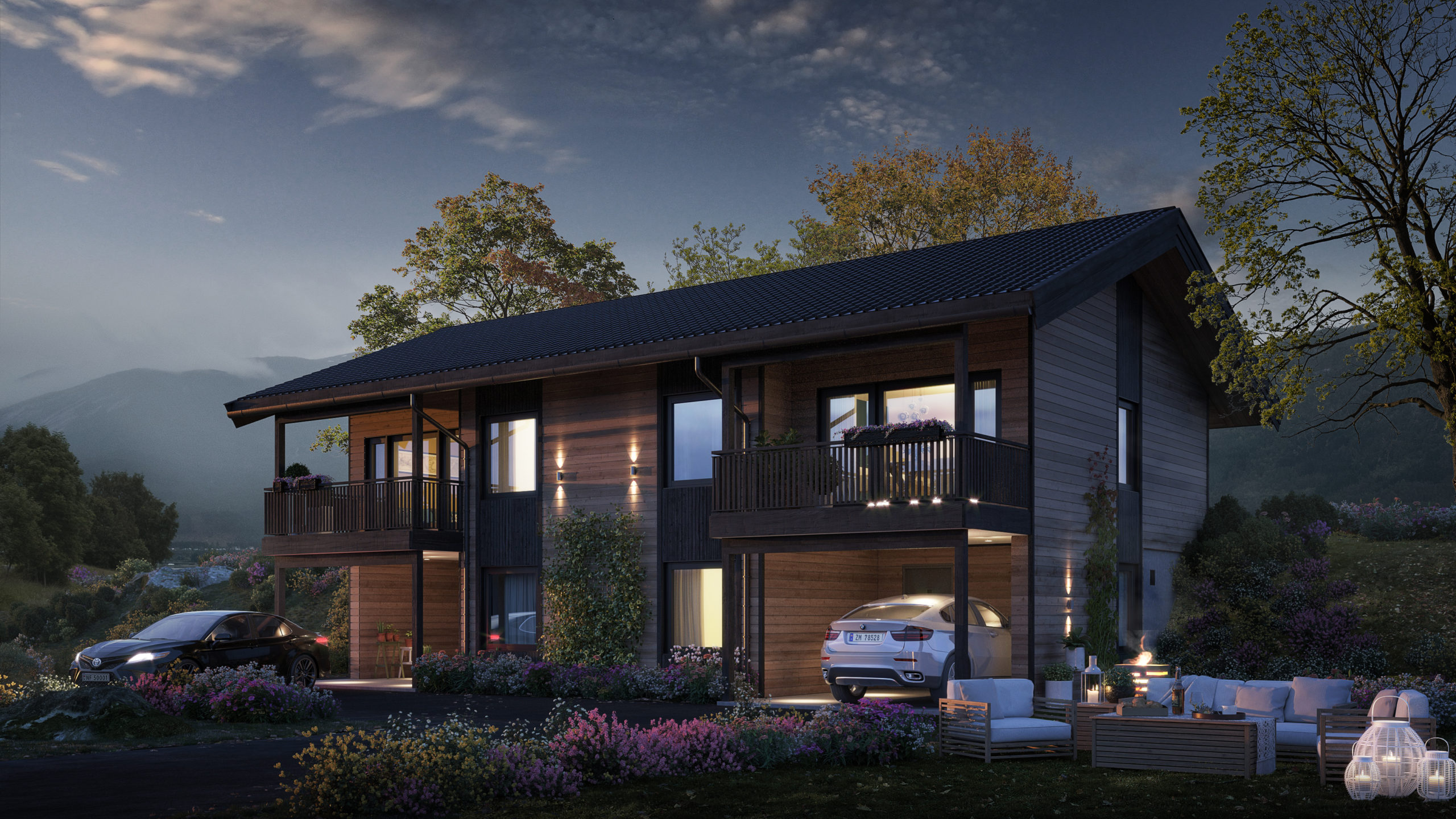 en 3d-gjengivelse av et hus i fjellet.