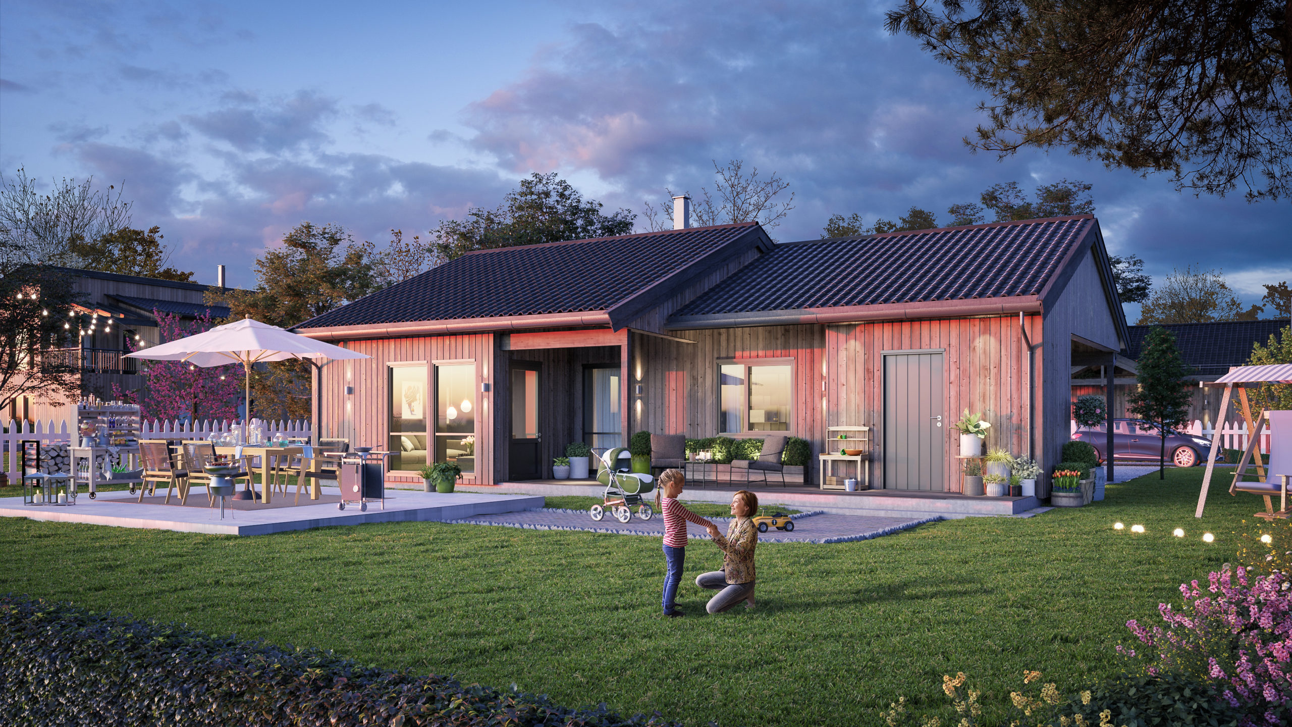 en 3d-gjengivelse av et lite hus i skumringen.