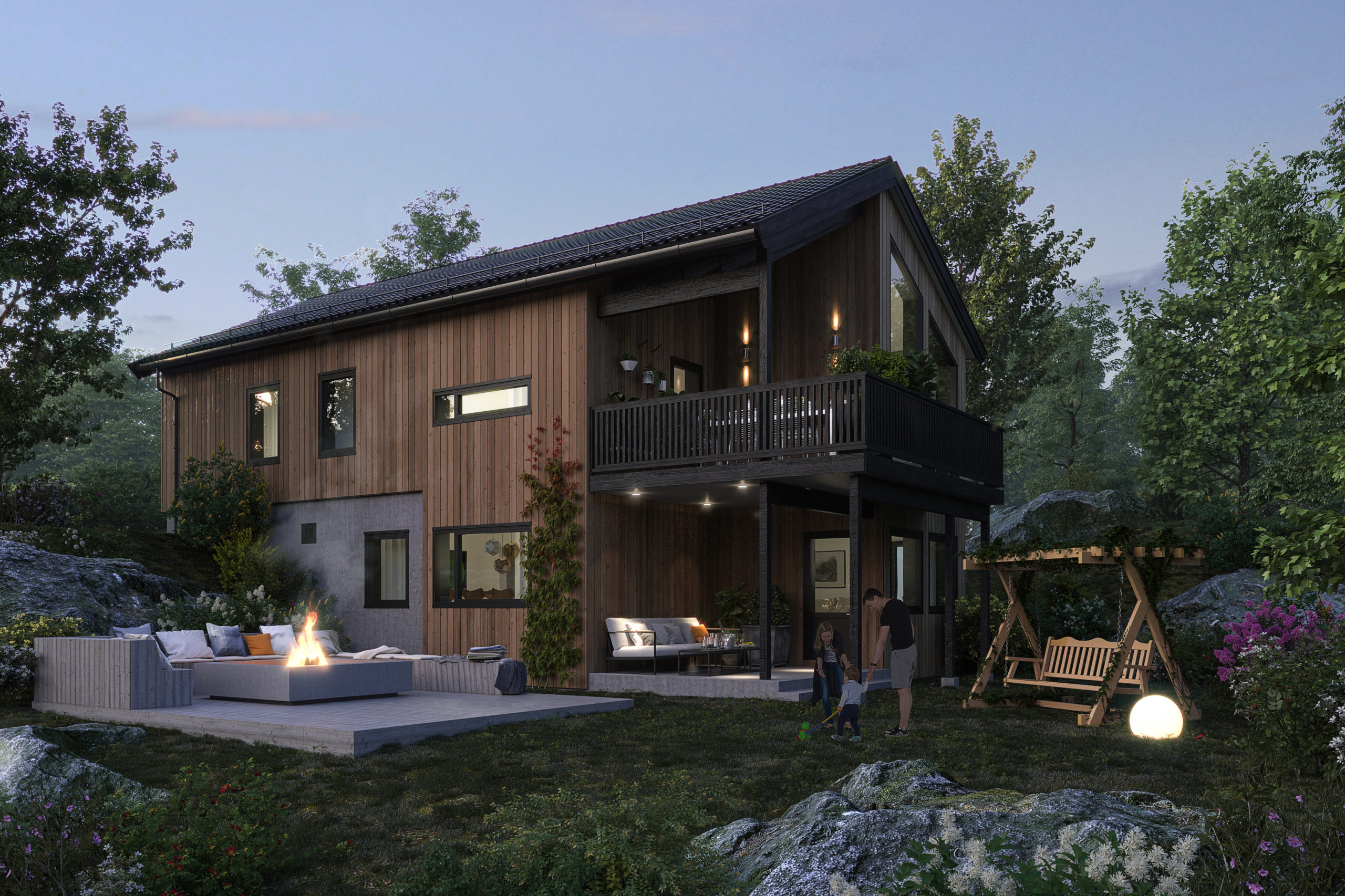 en 3d-gjengivelse av et hus i skogen.