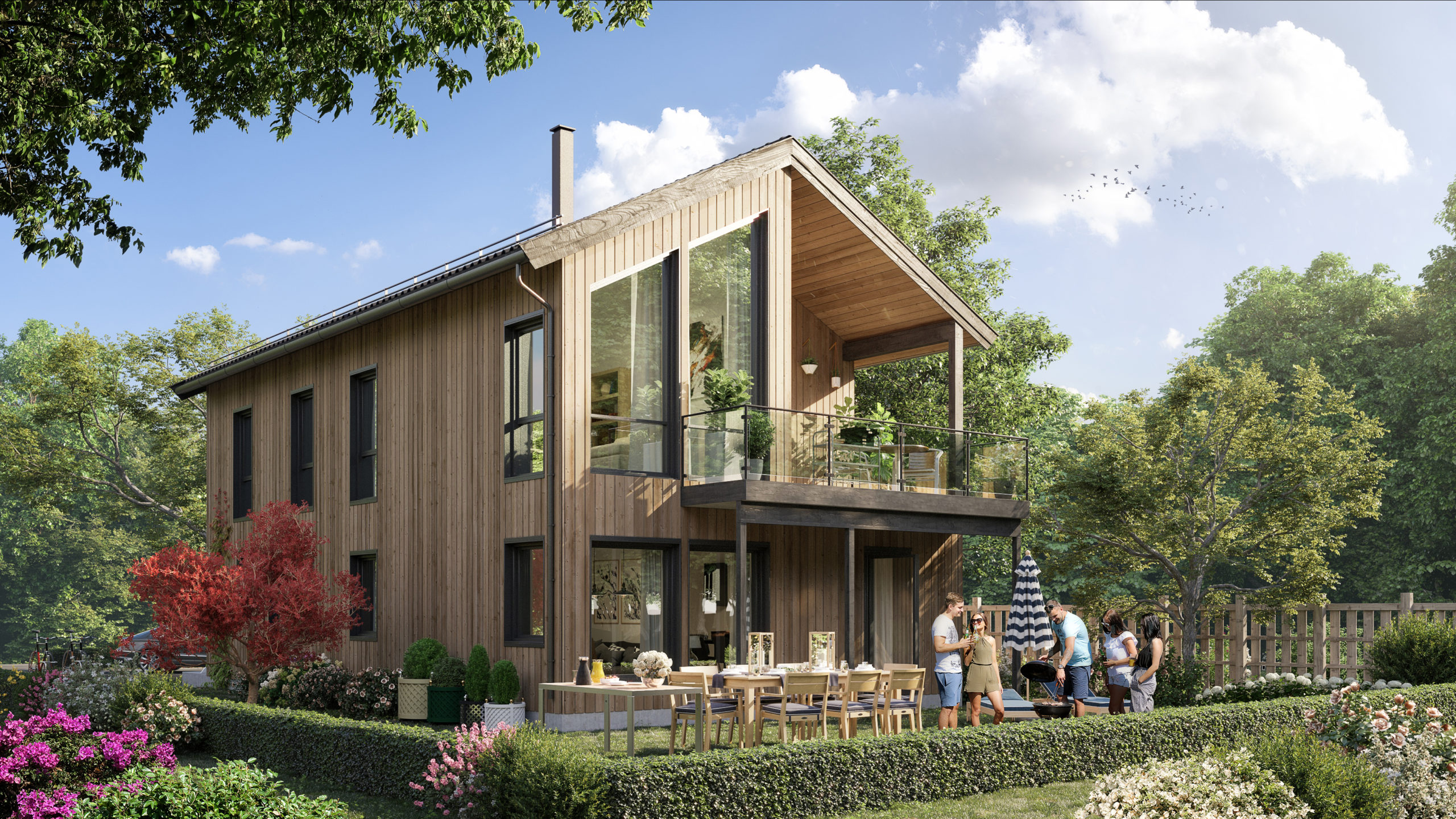 en 3d-gjengivelse av et hus med en kortstokk.