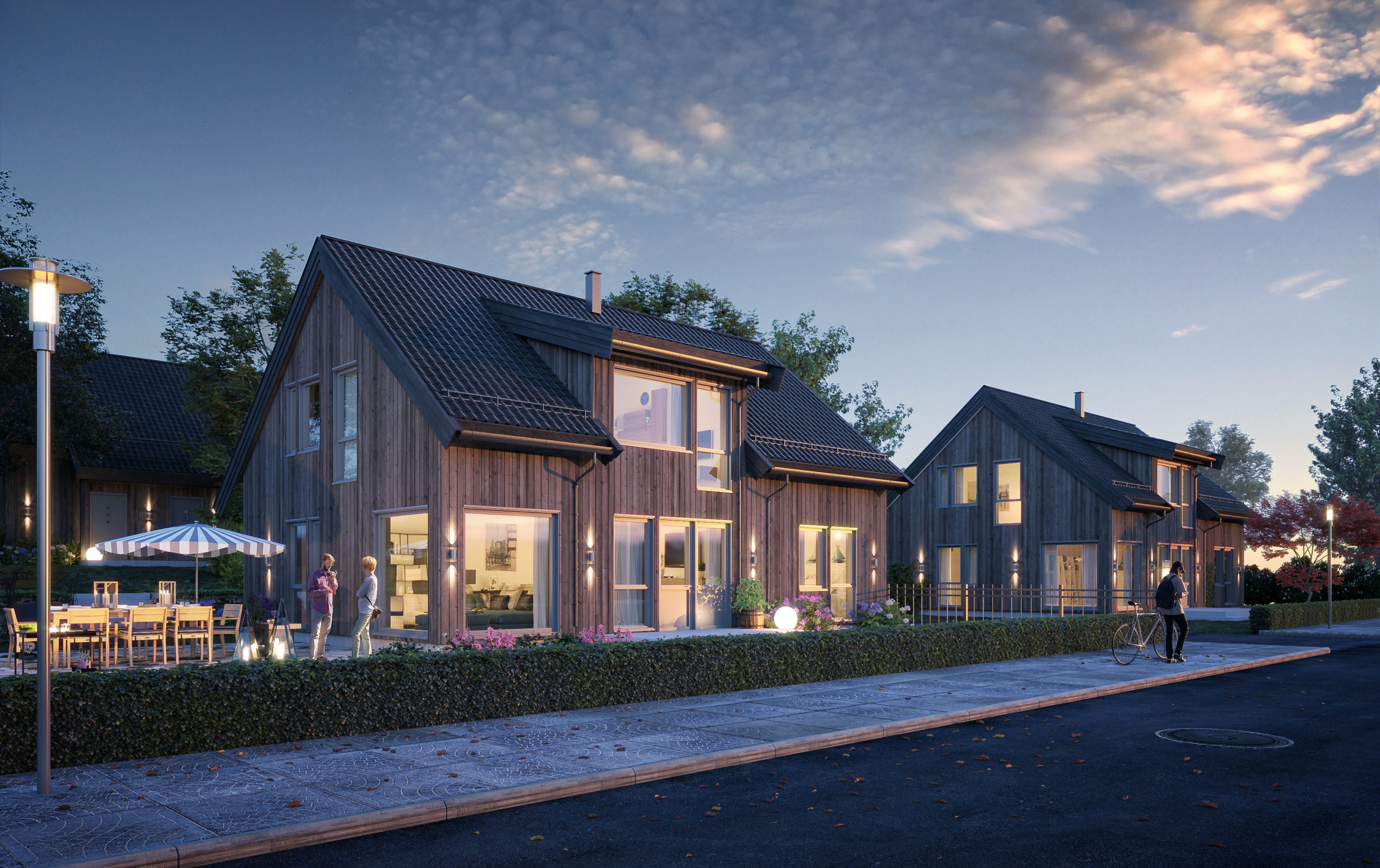 en 3d-gjengivelse av et hus i skumringen.