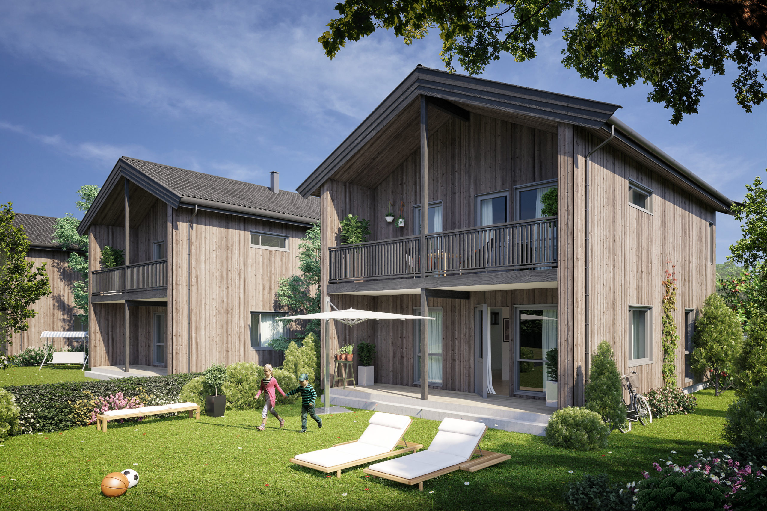 en 3d-gjengivelse av et hus med en kortstokk.