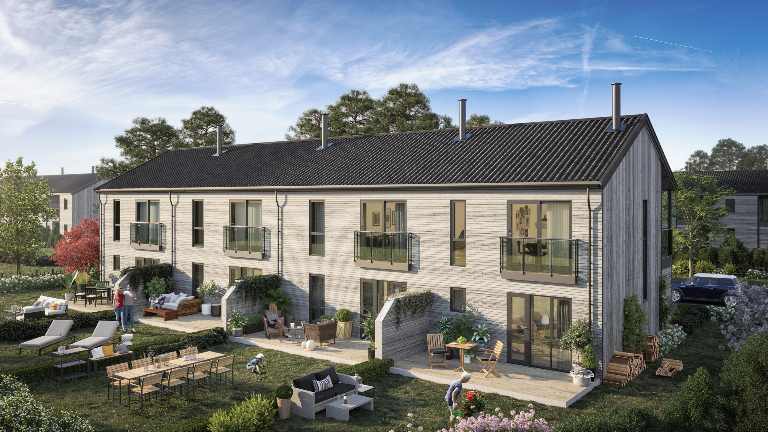en kunstners gjengivelse av en bygård.