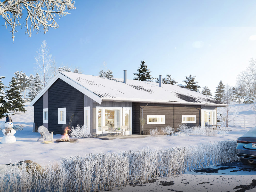 3D-gjengivelse av en hytte i snøen.
