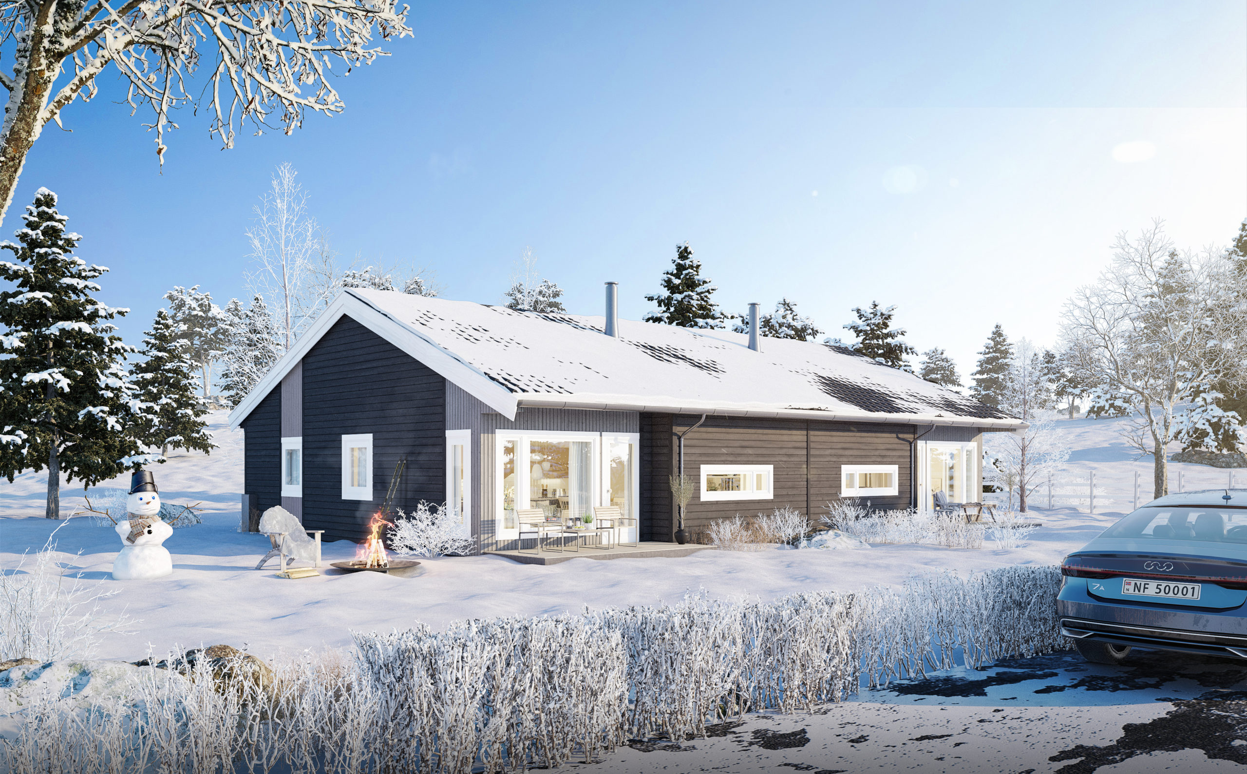 3D-gjengivelse av en hytte i snøen.